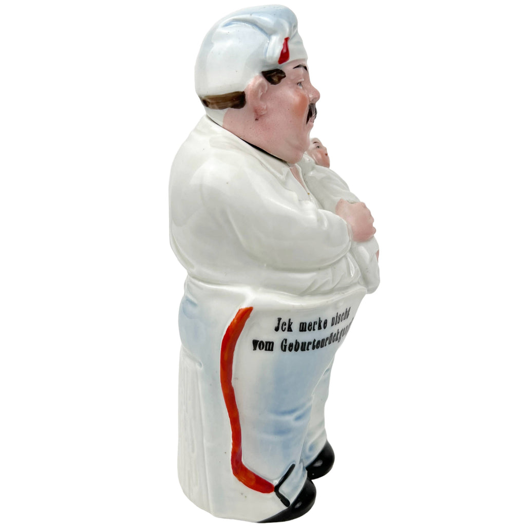 Vintage German Figural Ceramic Bottle Father w Twin Babies Birthrate Commentary - Poppy's Vintage Clothing