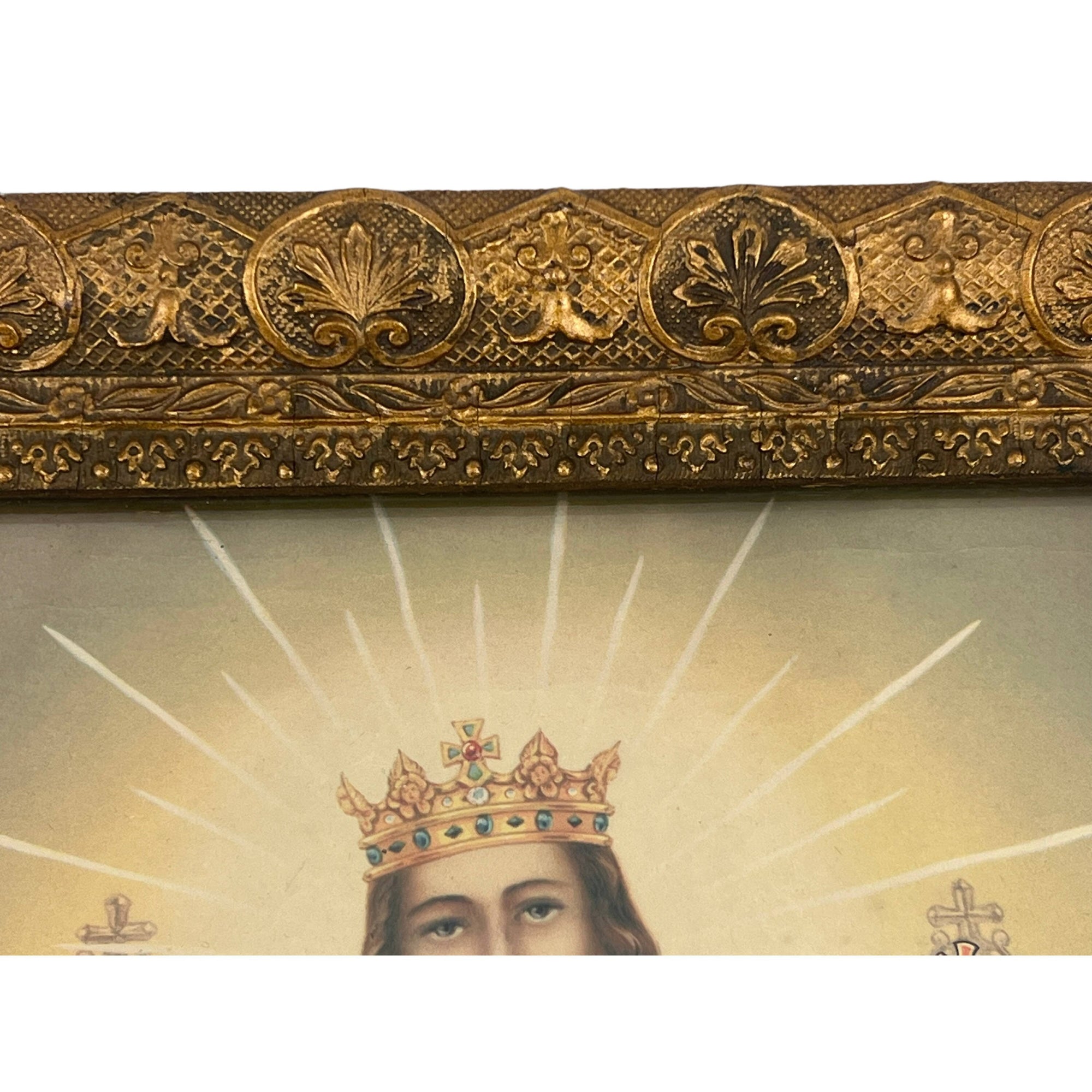 Antique Jesus Christ King Chromo Litho Print in Ornate Gold Gesso Frame - Poppy's Vintage Clothing