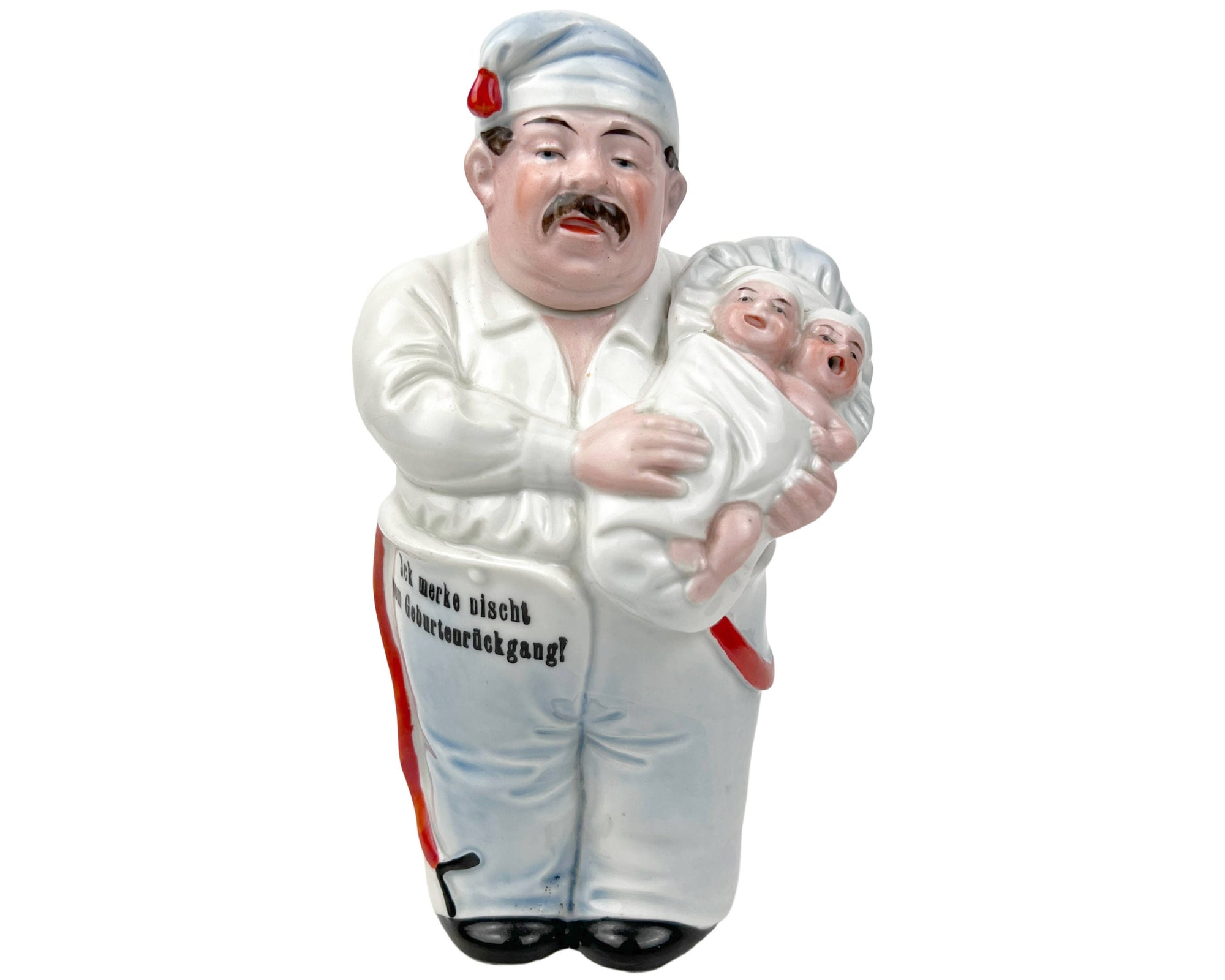 Vintage German Figural Ceramic Bottle Father w Twin Babies Birthrate Commentary - Poppy's Vintage Clothing