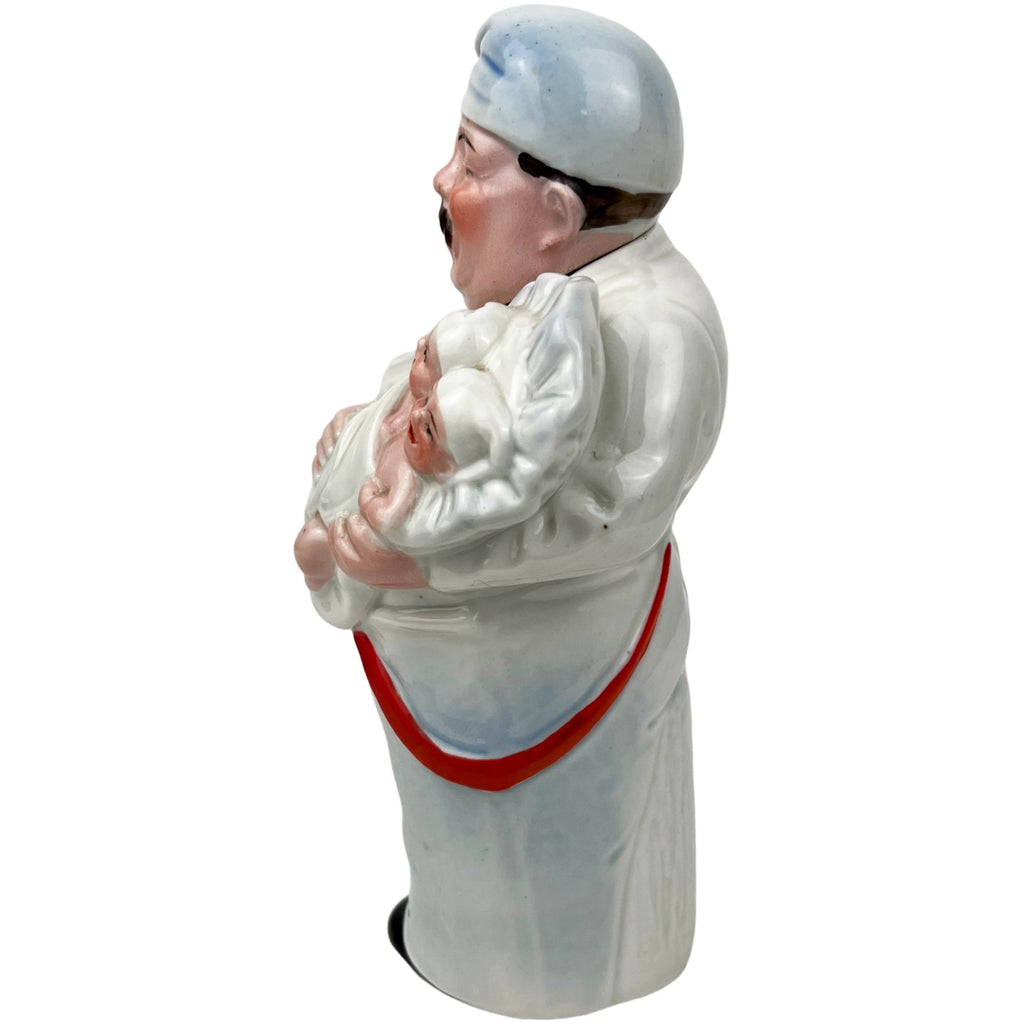 Vintage German Figural Ceramic Bottle Father w Twin Babies Birthrate Commentary - Poppy's Vintage Clothing