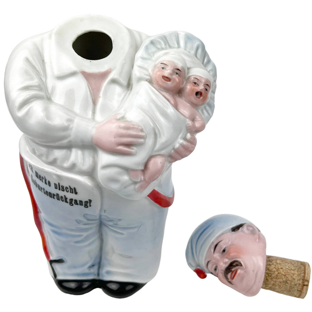 Vintage German Figural Ceramic Bottle Father w Twin Babies Birthrate Commentary - Poppy's Vintage Clothing