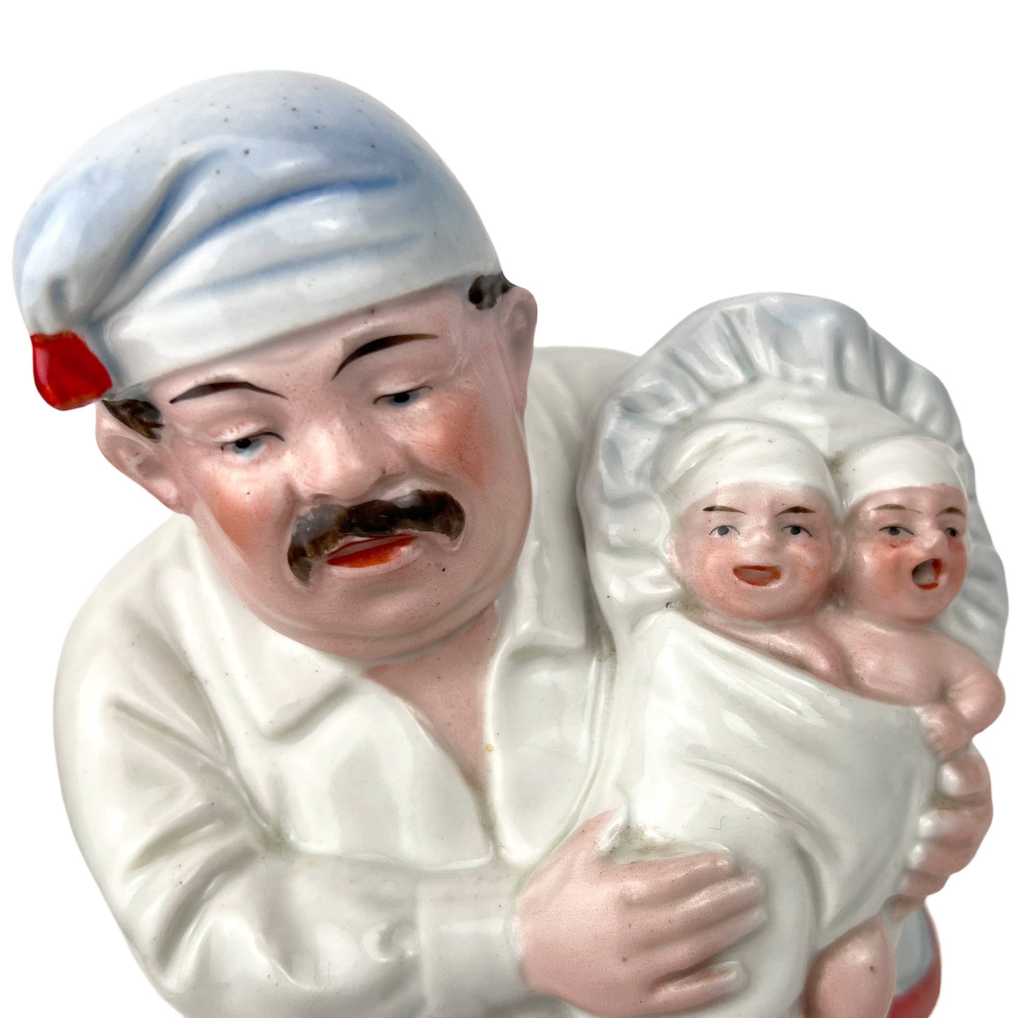 Vintage German Figural Ceramic Bottle Father w Twin Babies Birthrate Commentary - Poppy's Vintage Clothing