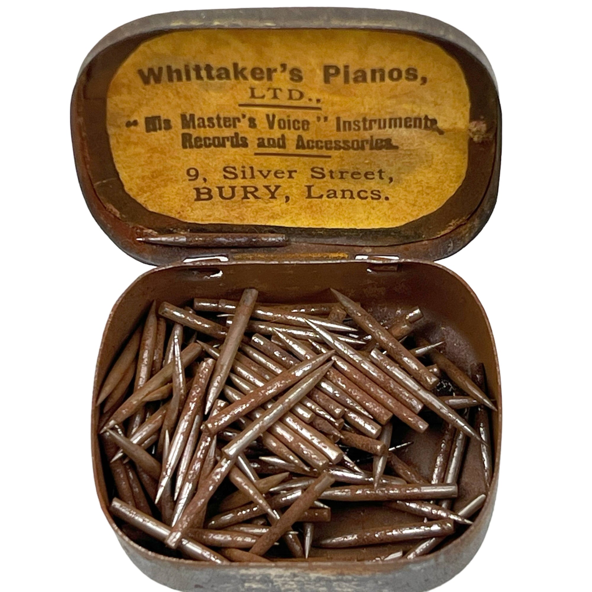 Antique His Masters Voice Tin w Gramophone Needles Ad for Whittakers Pianos Bury Lancashire - Poppy's Vintage Clothing