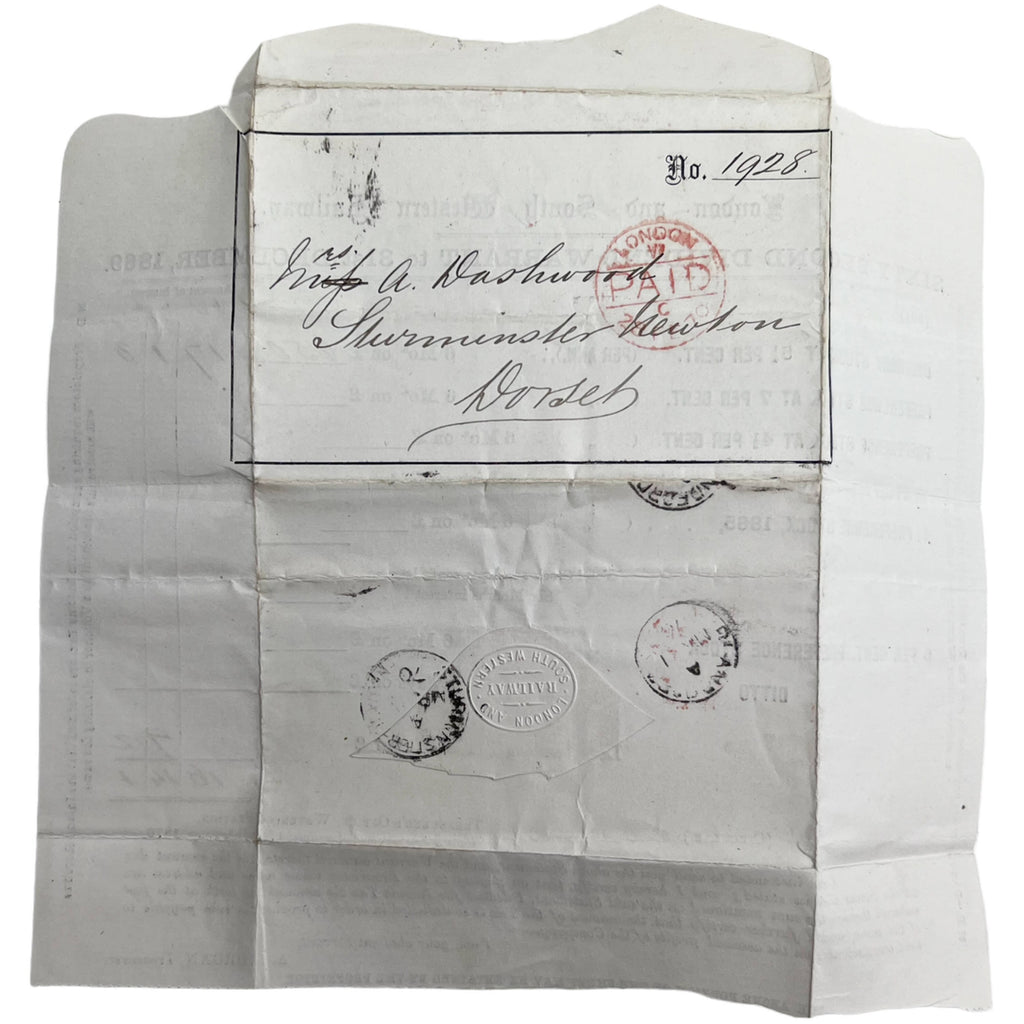 Antique 1869 London & South Western Railway Warrant in Envelope Form - Poppy's Vintage Clothing