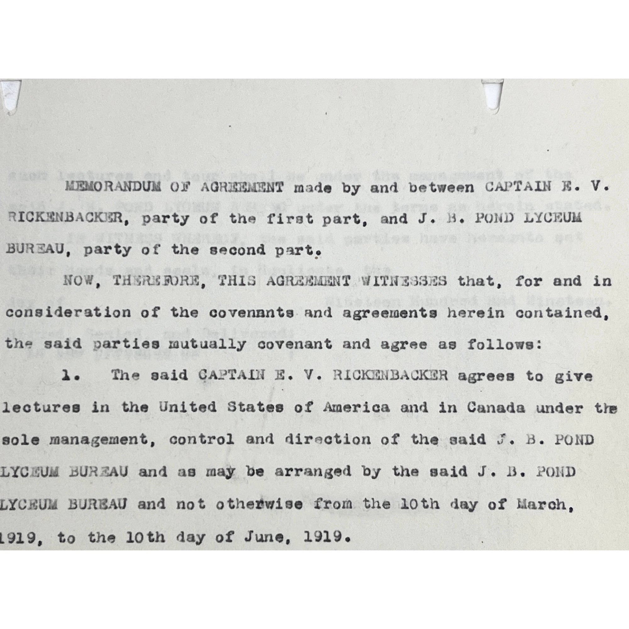 WWI Flying Ace Captain Eddy Rickenbacker 1919 Speaking Contract with JB Pond Lyceum Bureau - Poppy's Vintage Clothing