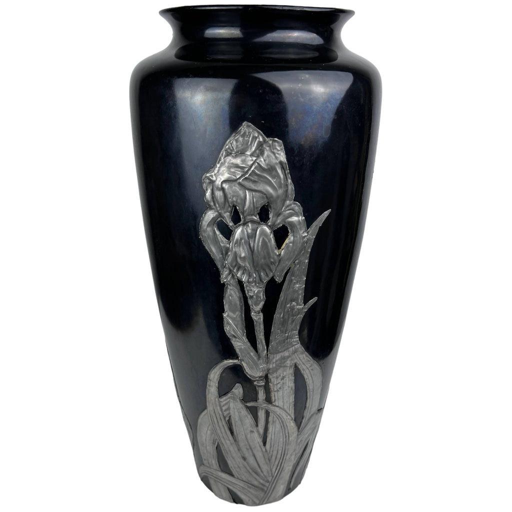 Antique T&V Limoges Porcelain Floor Vase Art Nouveau Iris Pewter Overlay 17.75 Tall - Poppy's Vintage Clothing