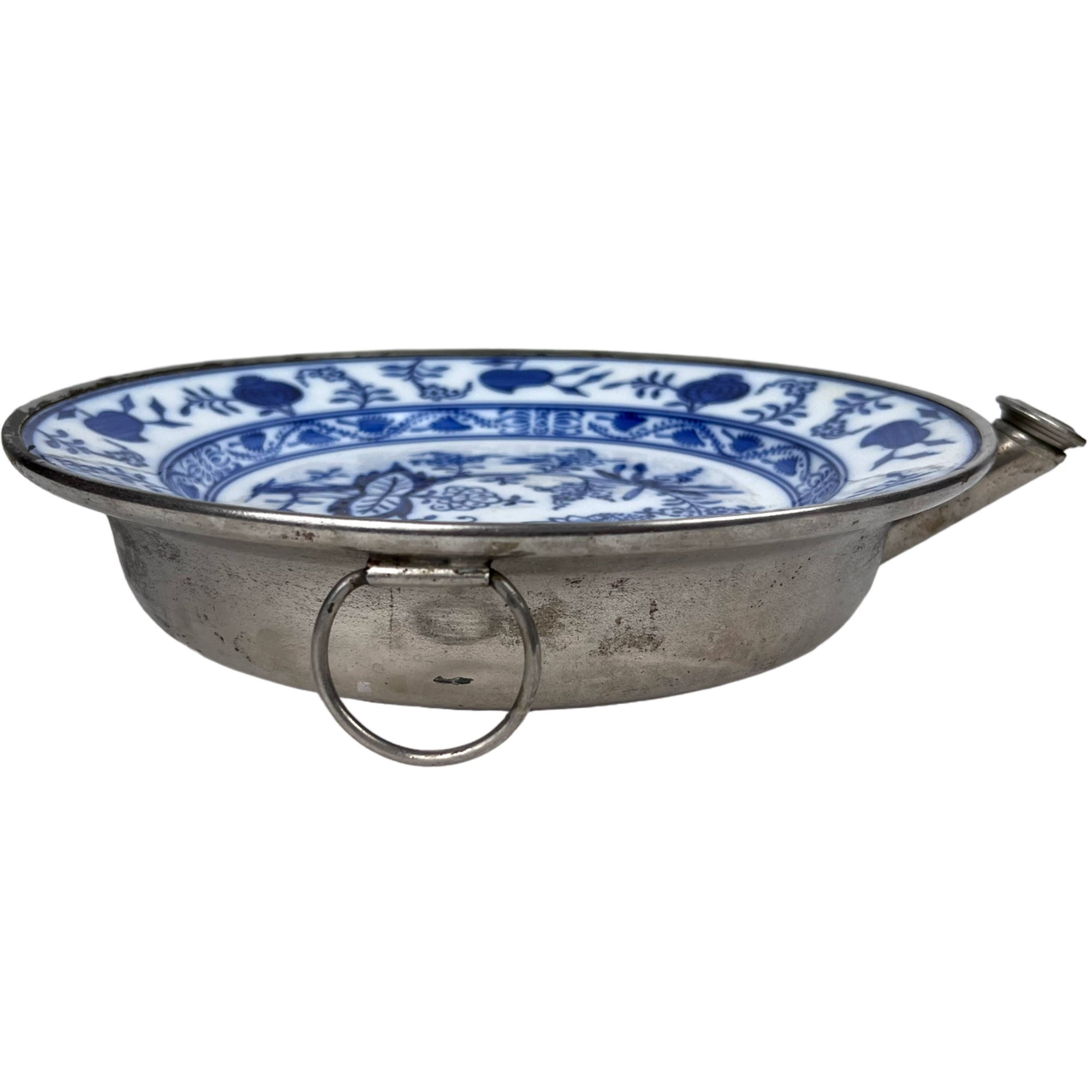 Antique Blue Onion Porcelain Warming Dish Plate WMF Metal Bottom As Is - Poppy's Vintage Clothing