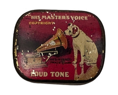 Antique His Masters Voice Tin w Gramophone Needles Ad for Whittakers Pianos Bury Lancashire - Poppy's Vintage Clothing