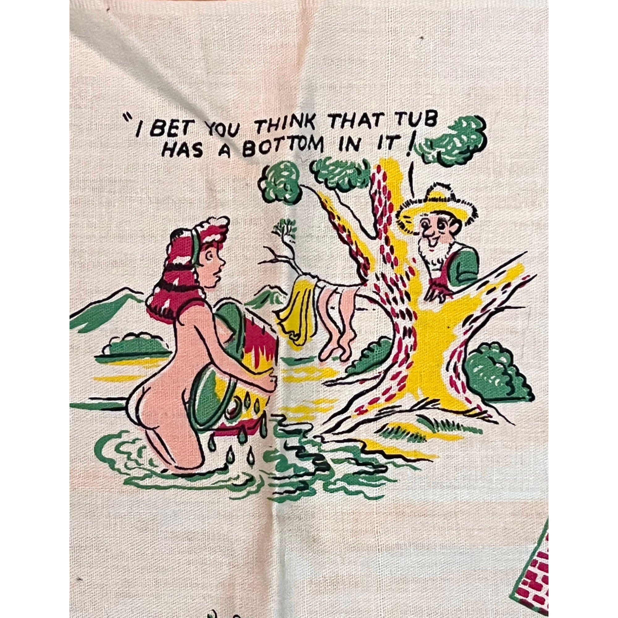 Vintage 1950s Dish Towel Sexist Illustrations Joke Tea Towel - Poppy's Vintage Clothing