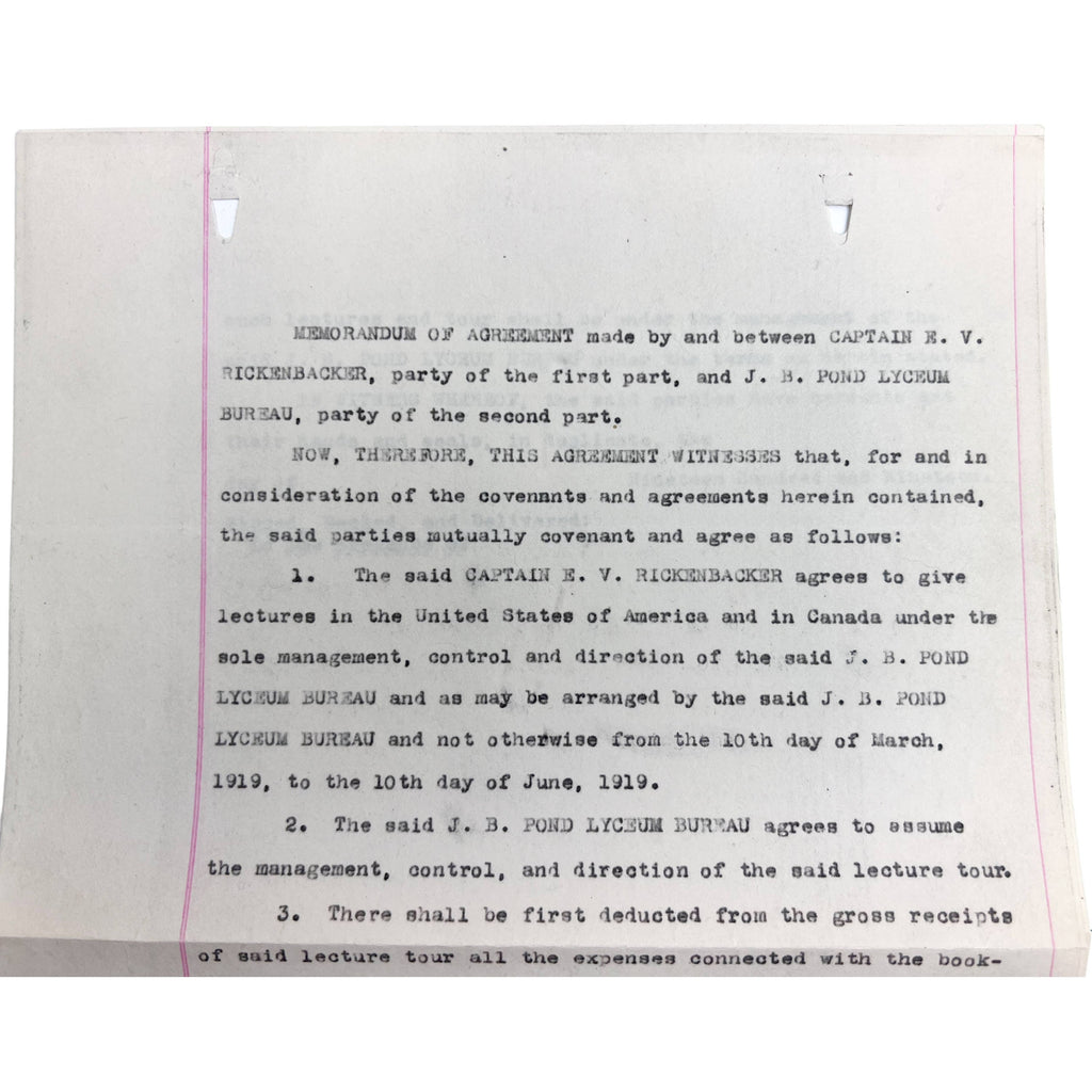 WWI Flying Ace Captain Eddy Rickenbacker 1919 Speaking Contract with JB Pond Lyceum Bureau - Poppy's Vintage Clothing