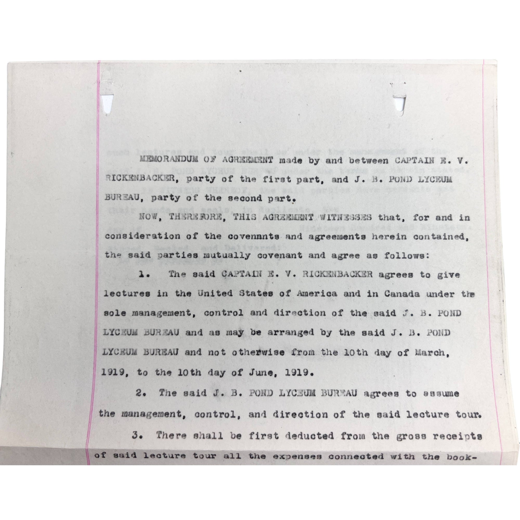 WWI Flying Ace Captain Eddy Rickenbacker 1919 Speaking Contract with JB Pond Lyceum Bureau - Poppy's Vintage Clothing