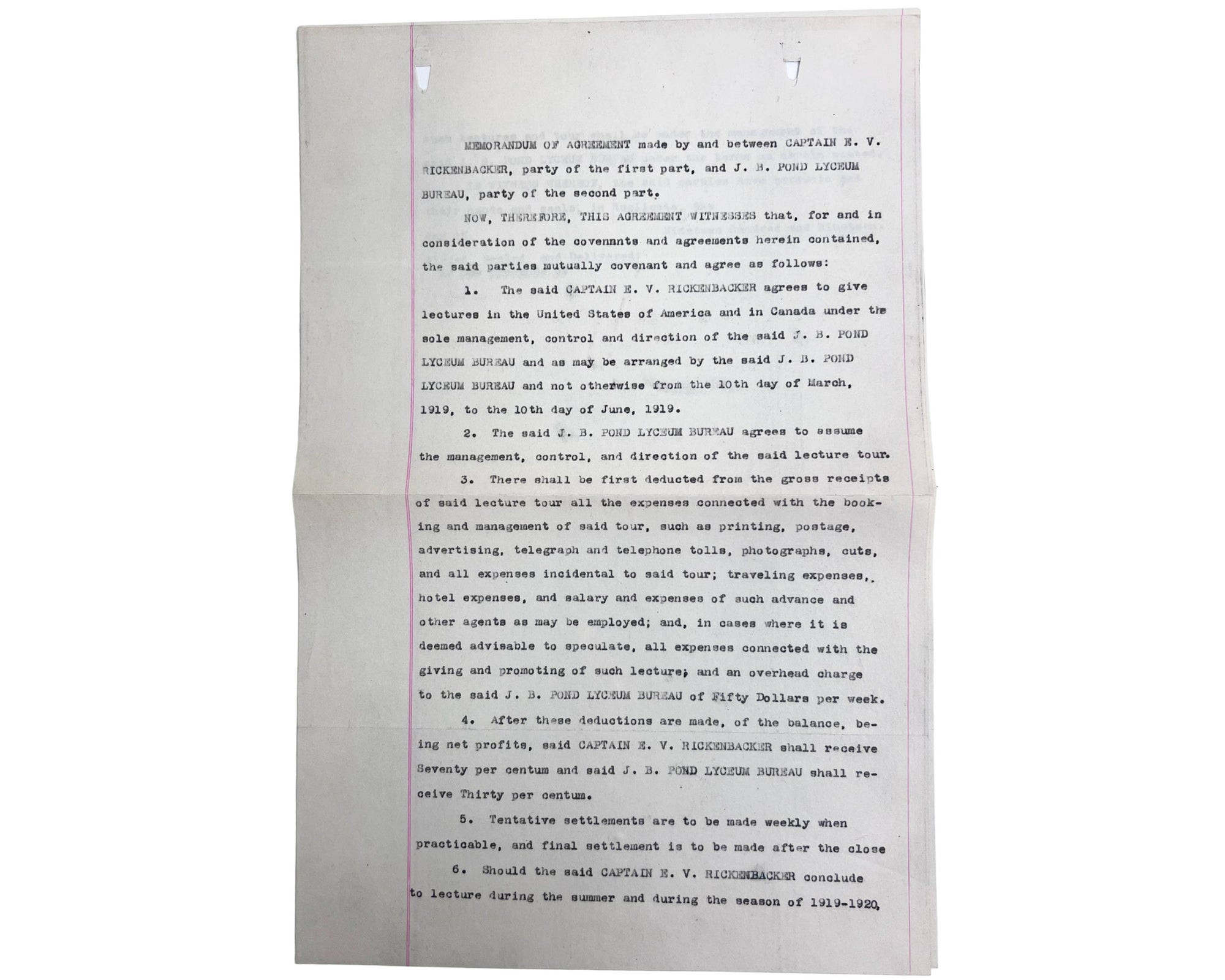 WWI Flying Ace Captain Eddy Rickenbacker 1919 Speaking Contract with JB Pond Lyceum Bureau - Poppy's Vintage Clothing