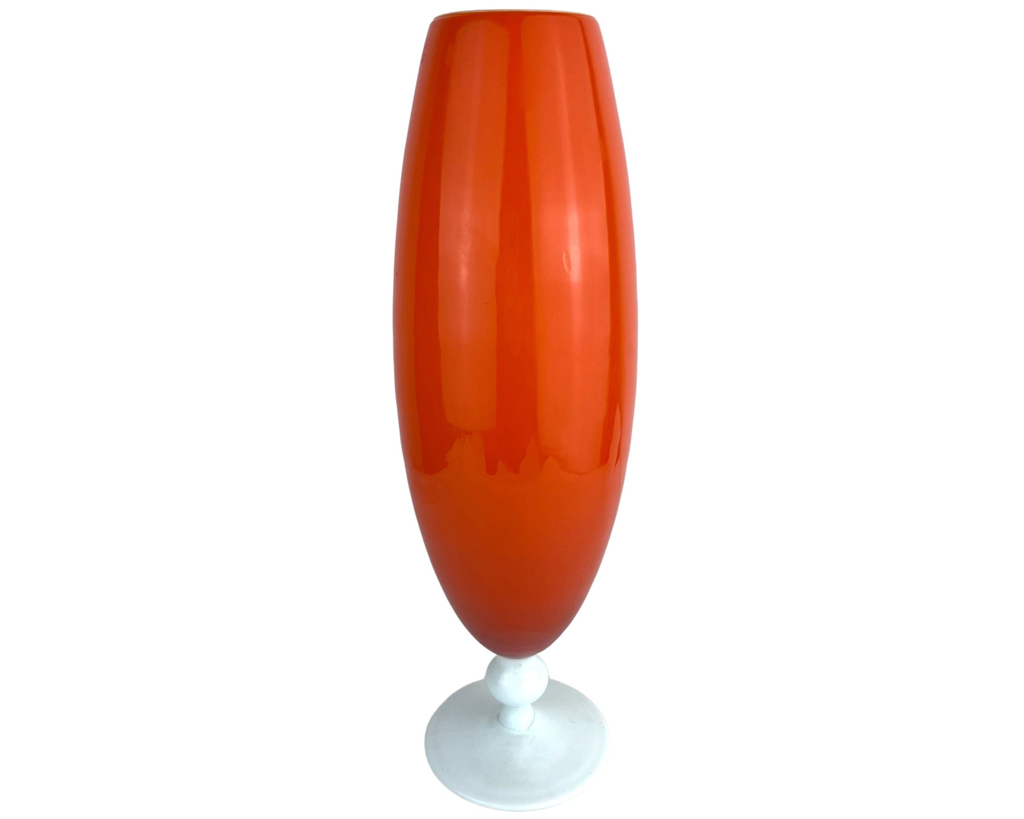Mid Century Modern Empoli Vase Italian Orange Cased Glass w White Foot 14.25 - Poppy's Vintage Clothing
