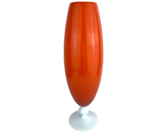 Mid Century Modern Empoli Vase Italian Orange Cased Glass w White Foot 14.25 - Poppy's Vintage Clothing