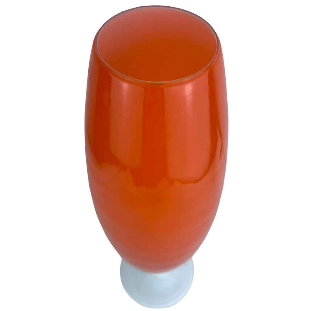 Mid Century Modern Empoli Vase Italian Orange Cased Glass w White Foot 14.25 - Poppy's Vintage Clothing