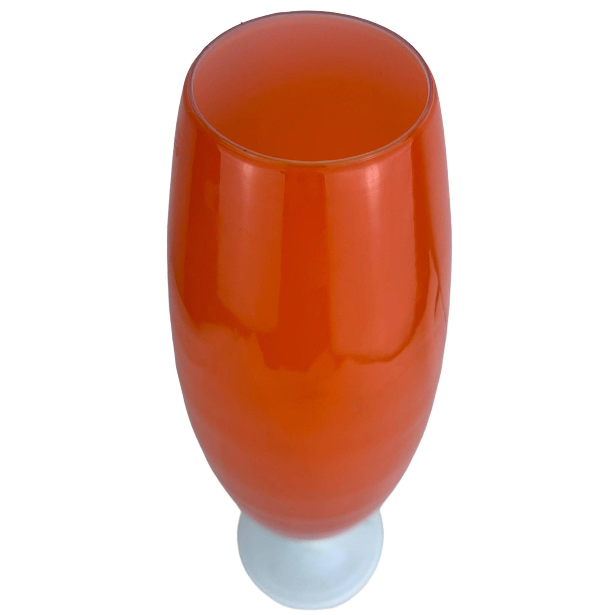 Mid Century Modern Empoli Vase Italian Orange Cased Glass w White Foot 14.25 - Poppy's Vintage Clothing