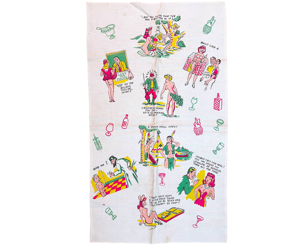 Vintage 1950s Dish Towel Sexist Illustrations Joke Tea Towel - Poppy's Vintage Clothing