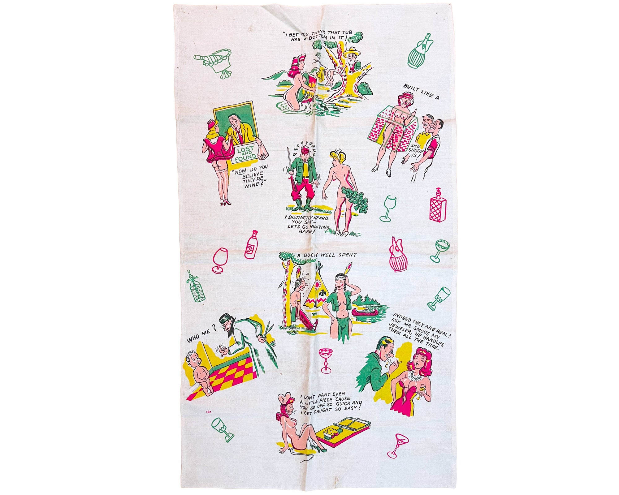 Vintage 1950s Dish Towel Sexist Illustrations Joke Tea Towel - Poppy's Vintage Clothing
