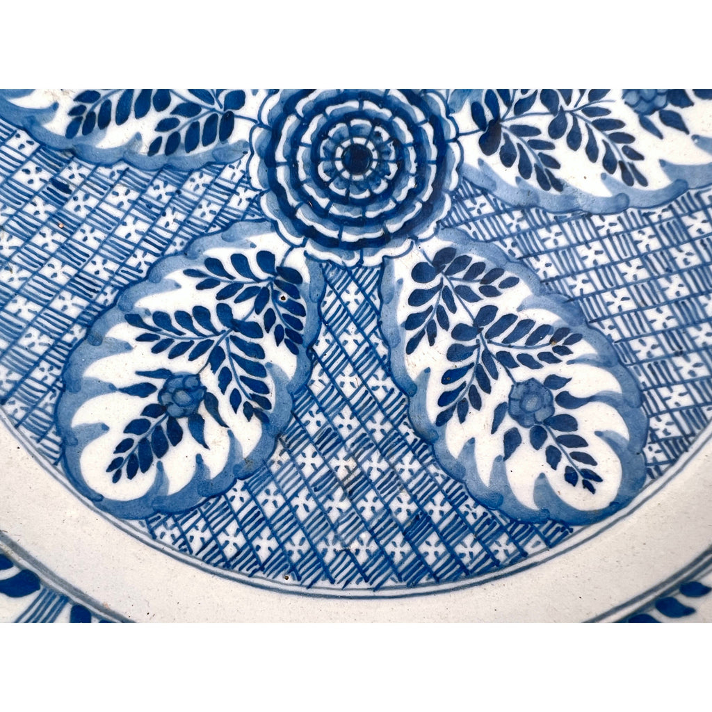 Antique Delft Pottery Charger Plate Floral Pattern 18th c Dutch Blue & White - Poppy's Vintage Clothing