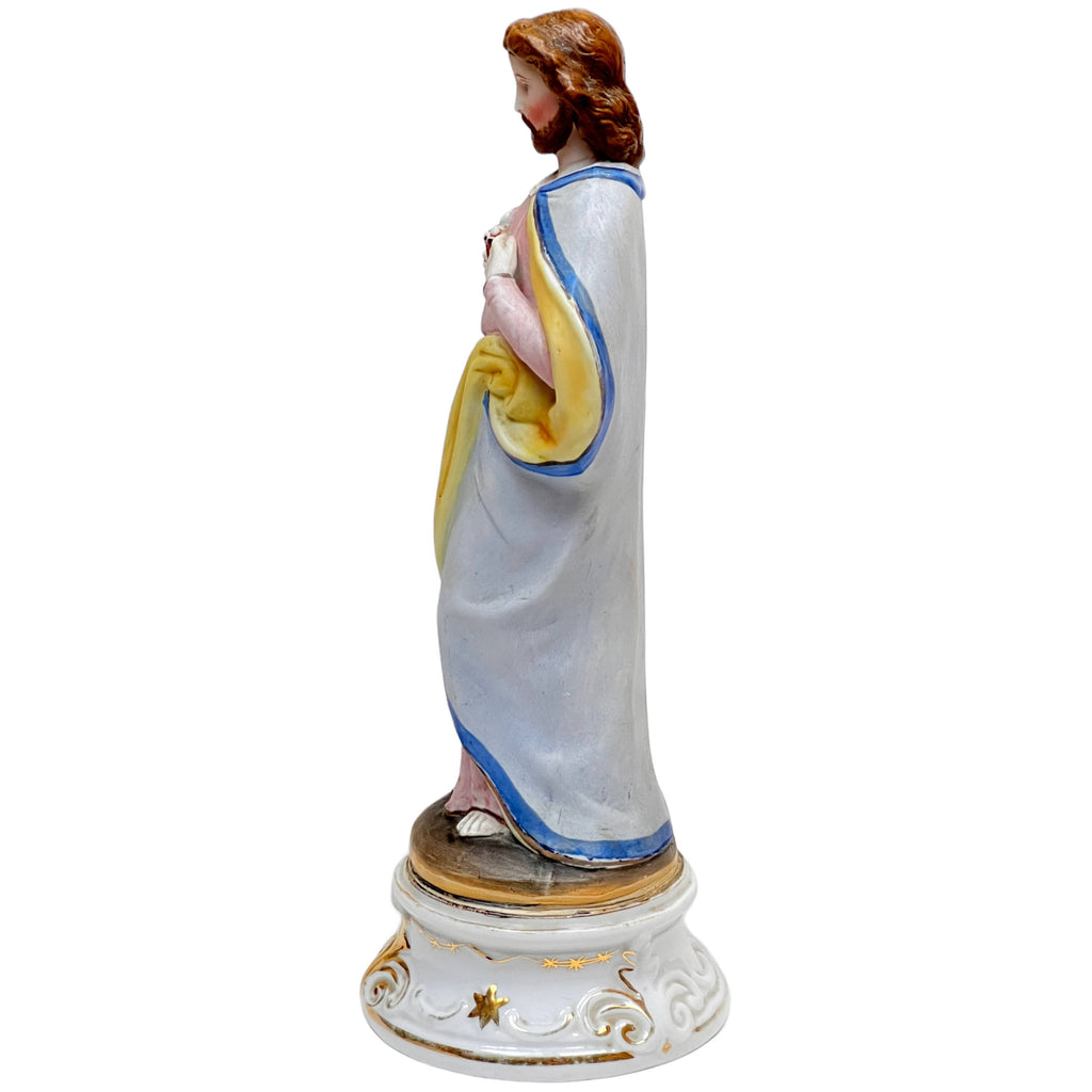 Antique Jesus Statue Sacred Heart Painted Porcelain 10.75 - Poppy's Vintage Clothing