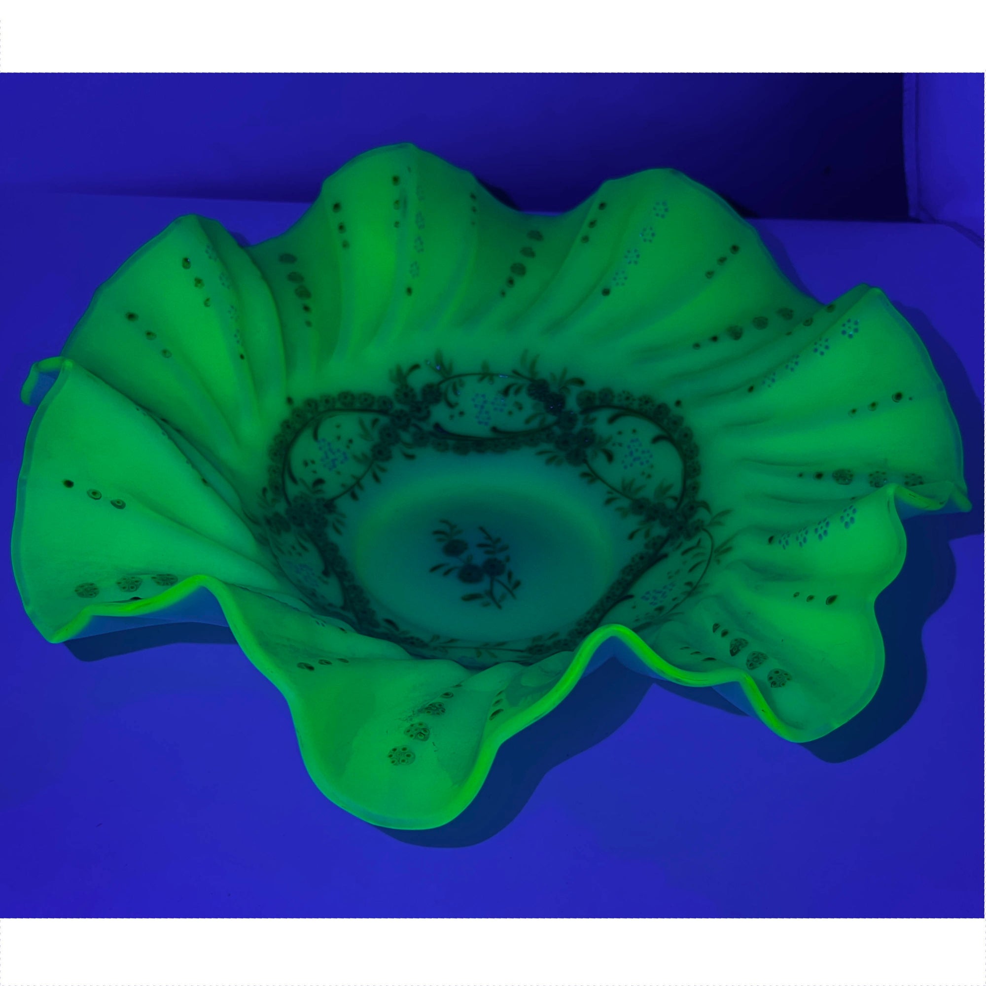 Antique Victorian Enamelled Uranium Glass Brides Basket Ruffled Bowl - Poppy's Vintage Clothing