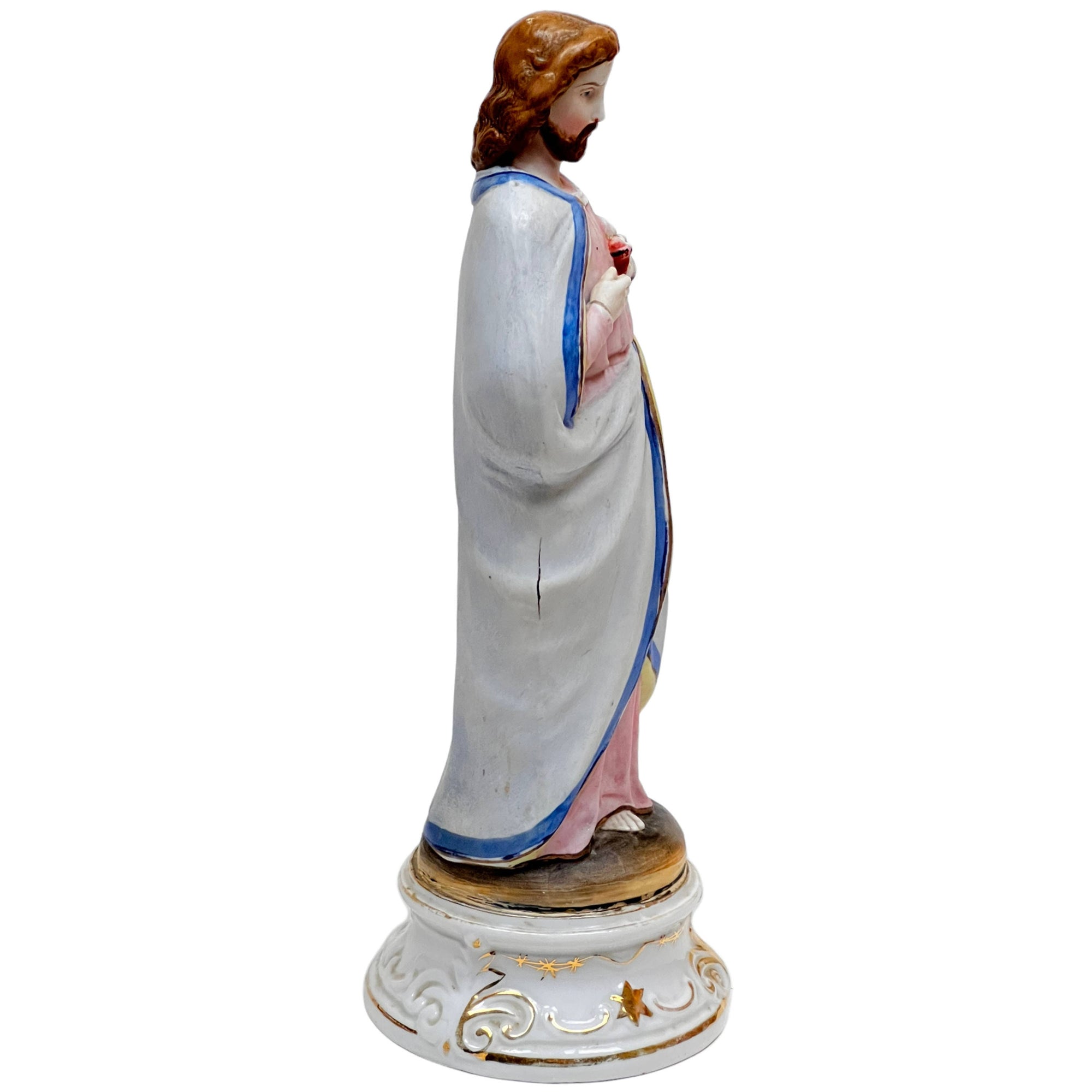 Antique Jesus Statue Sacred Heart Painted Porcelain 10.75 - Poppy's Vintage Clothing