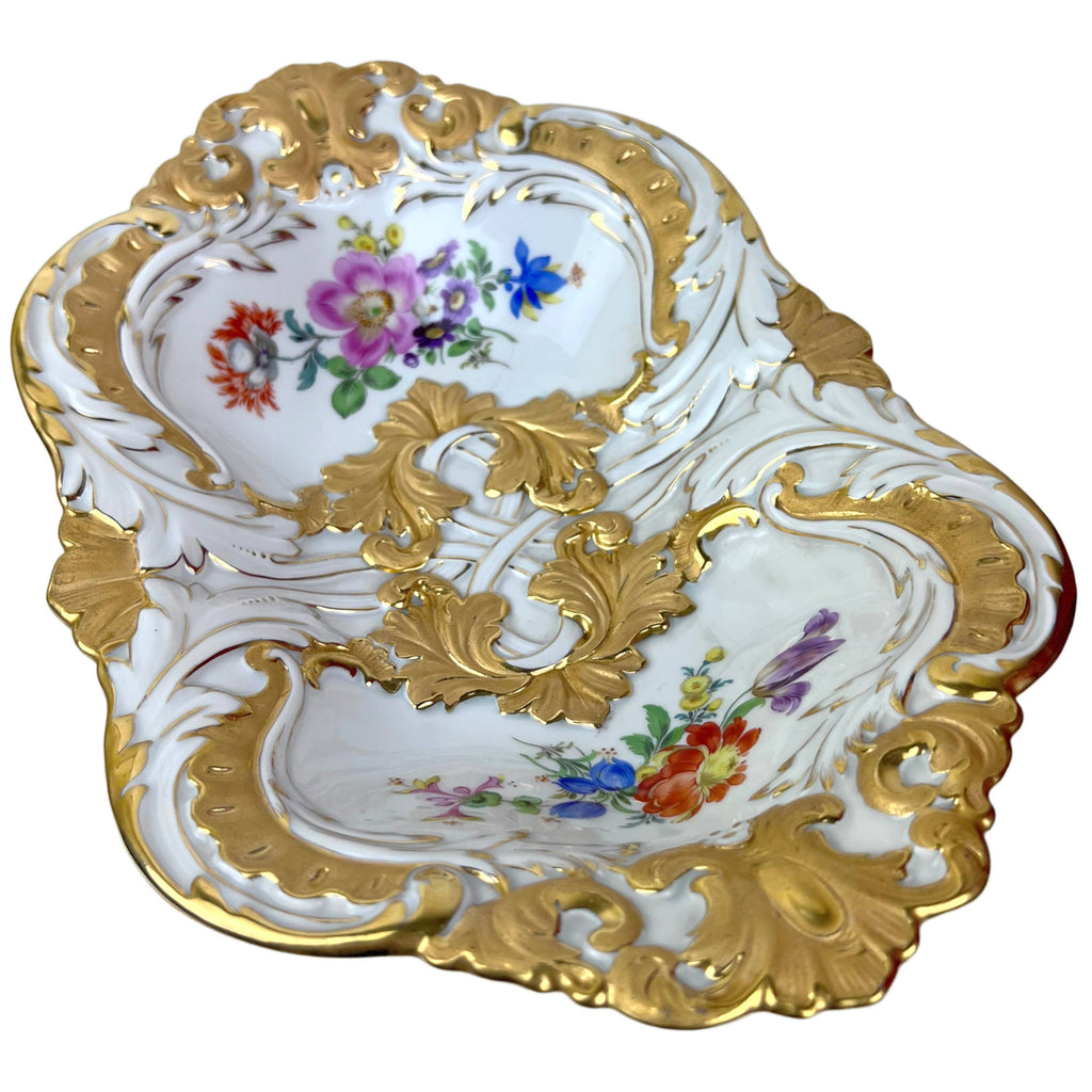 Vintage 1930s Meissen Porcelain Oblong Bowl Serving Dish Hand Painted Flowers with Gold - Poppy's Vintage Clothing