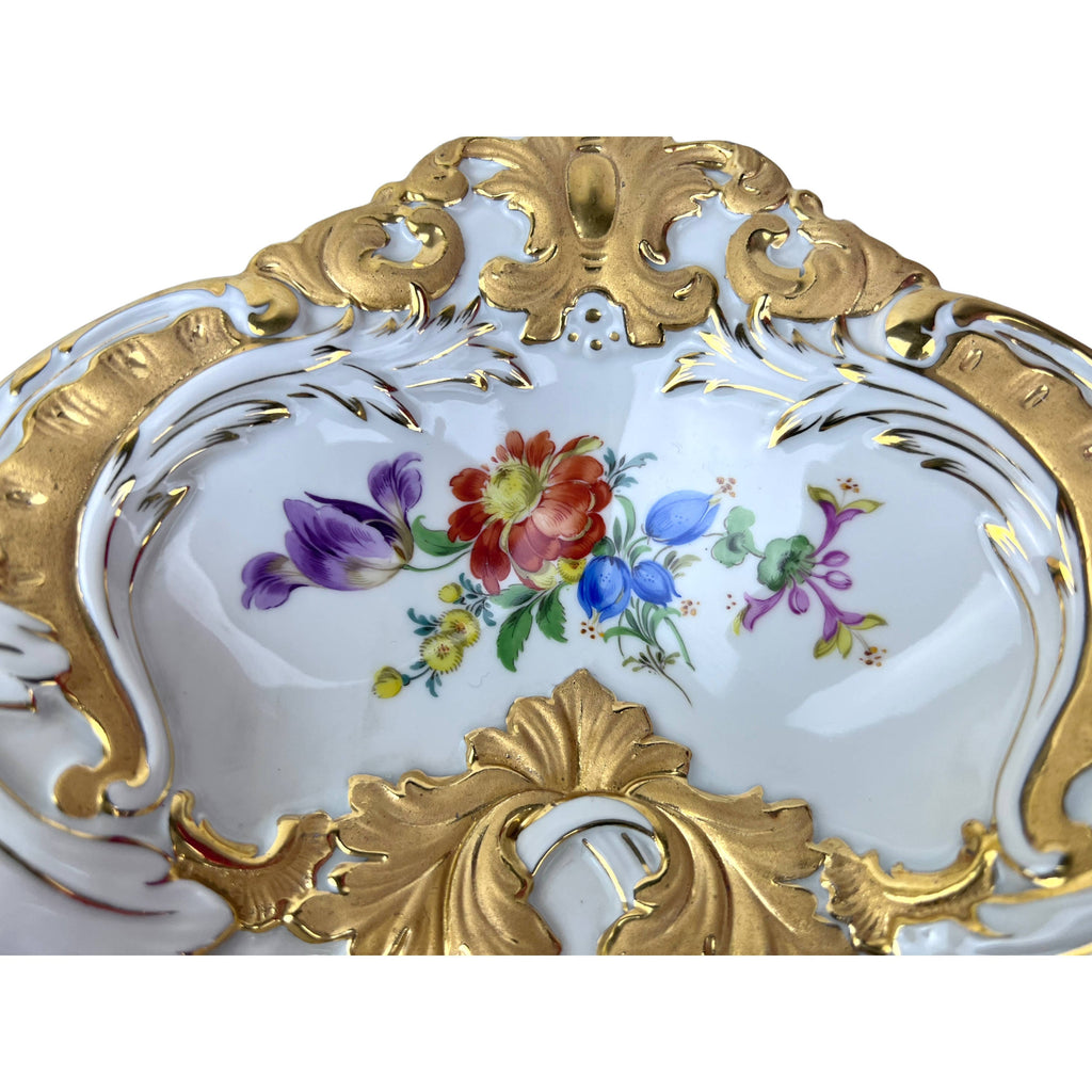 Vintage 1930s Meissen Porcelain Oblong Bowl Serving Dish Hand Painted Flowers with Gold - Poppy's Vintage Clothing