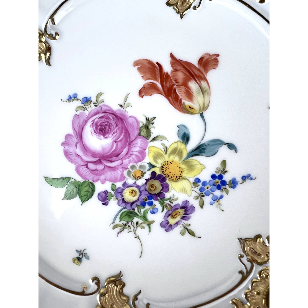 Vintage 1930s Meissen Porcelain Charger Bowl Dish Hand Painted Polychrome Flowers with Gold - Poppy's Vintage Clothing