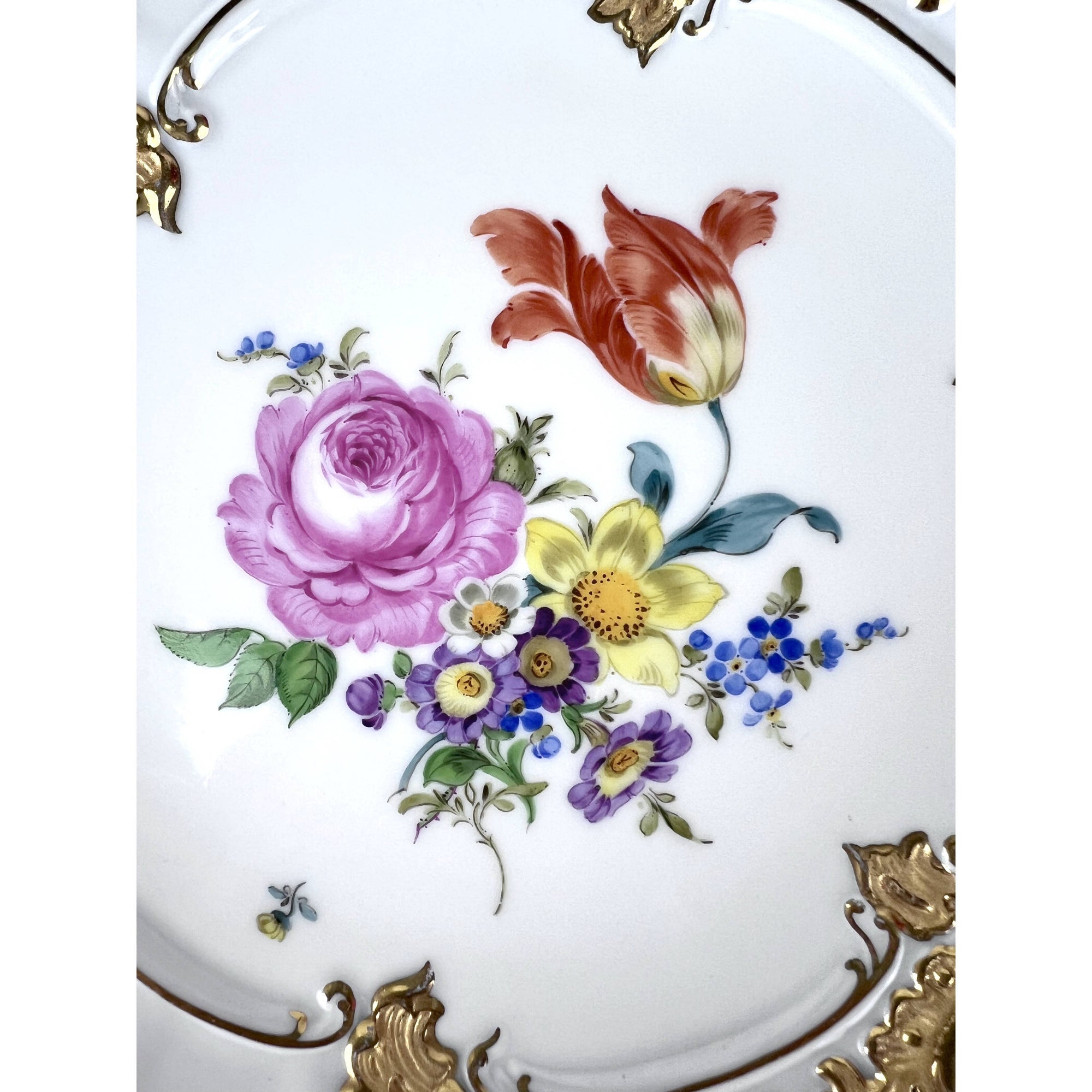 Vintage 1930s Meissen Porcelain Charger Bowl Dish Hand Painted Polychrome Flowers with Gold - Poppy's Vintage Clothing