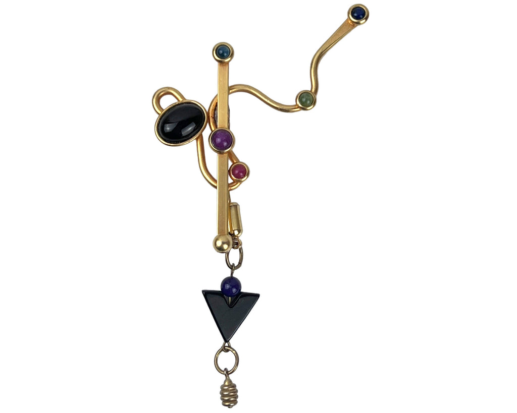 Vintage 1980s GN Buonanno Modernist Brooch Pin Gold Plated w Semi Precious Stones - Poppy's Vintage Clothing
