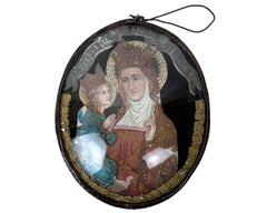 Antique Catholic Souvenir Ste Anne de Beaupre Convex Bubble Glass Frame - Poppy's Vintage Clothing