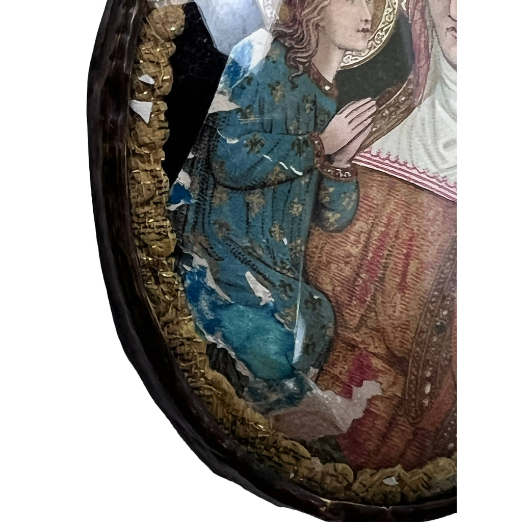 Antique Catholic Souvenir Ste Anne de Beaupre Convex Bubble Glass Frame - Poppy's Vintage Clothing