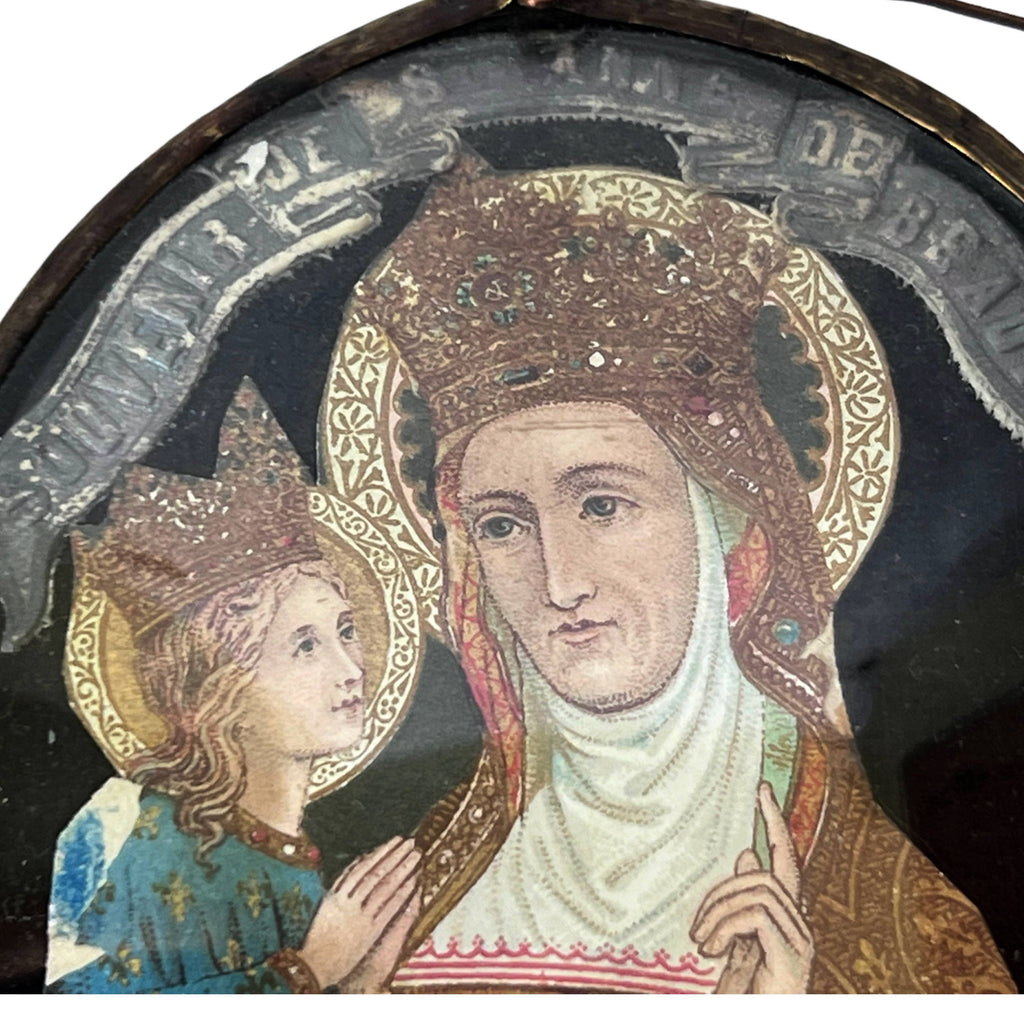Antique Catholic Souvenir Ste Anne de Beaupre Convex Bubble Glass Frame - Poppy's Vintage Clothing