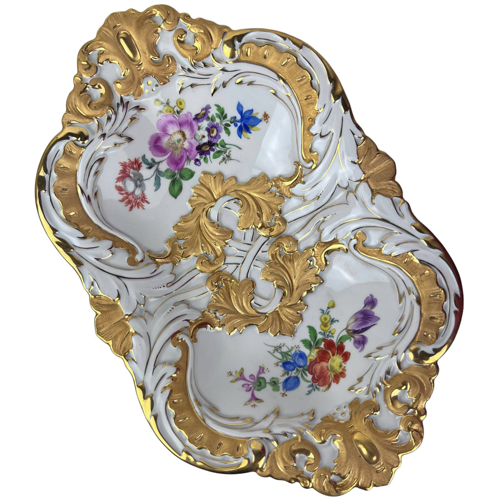 Vintage 1930s Meissen Porcelain Oblong Bowl Serving Dish Hand Painted Flowers with Gold - Poppy's Vintage Clothing