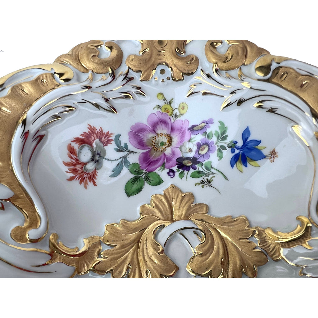 Vintage 1930s Meissen Porcelain Oblong Bowl Serving Dish Hand Painted Flowers with Gold - Poppy's Vintage Clothing