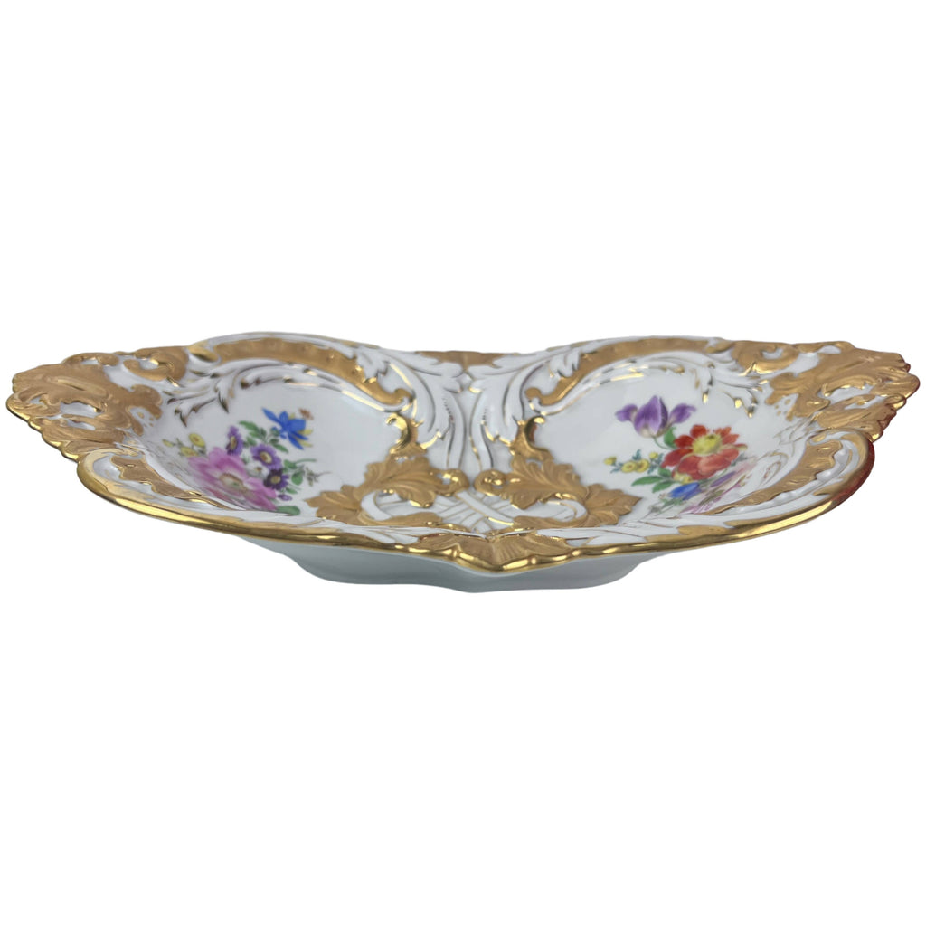 Vintage 1930s Meissen Porcelain Oblong Bowl Serving Dish Hand Painted Flowers with Gold - Poppy's Vintage Clothing