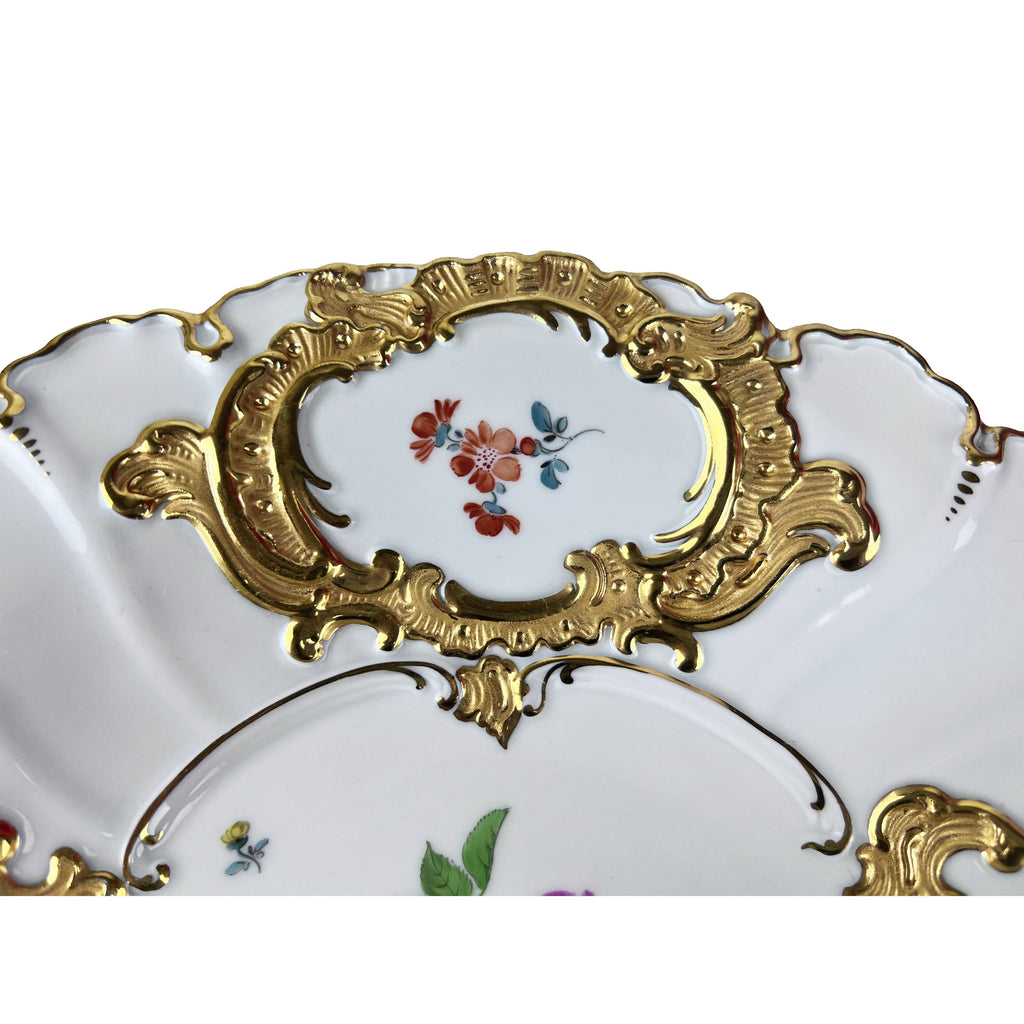 Vintage 1930s Meissen Porcelain Charger Bowl Dish Hand Painted Polychrome Flowers with Gold - Poppy's Vintage Clothing