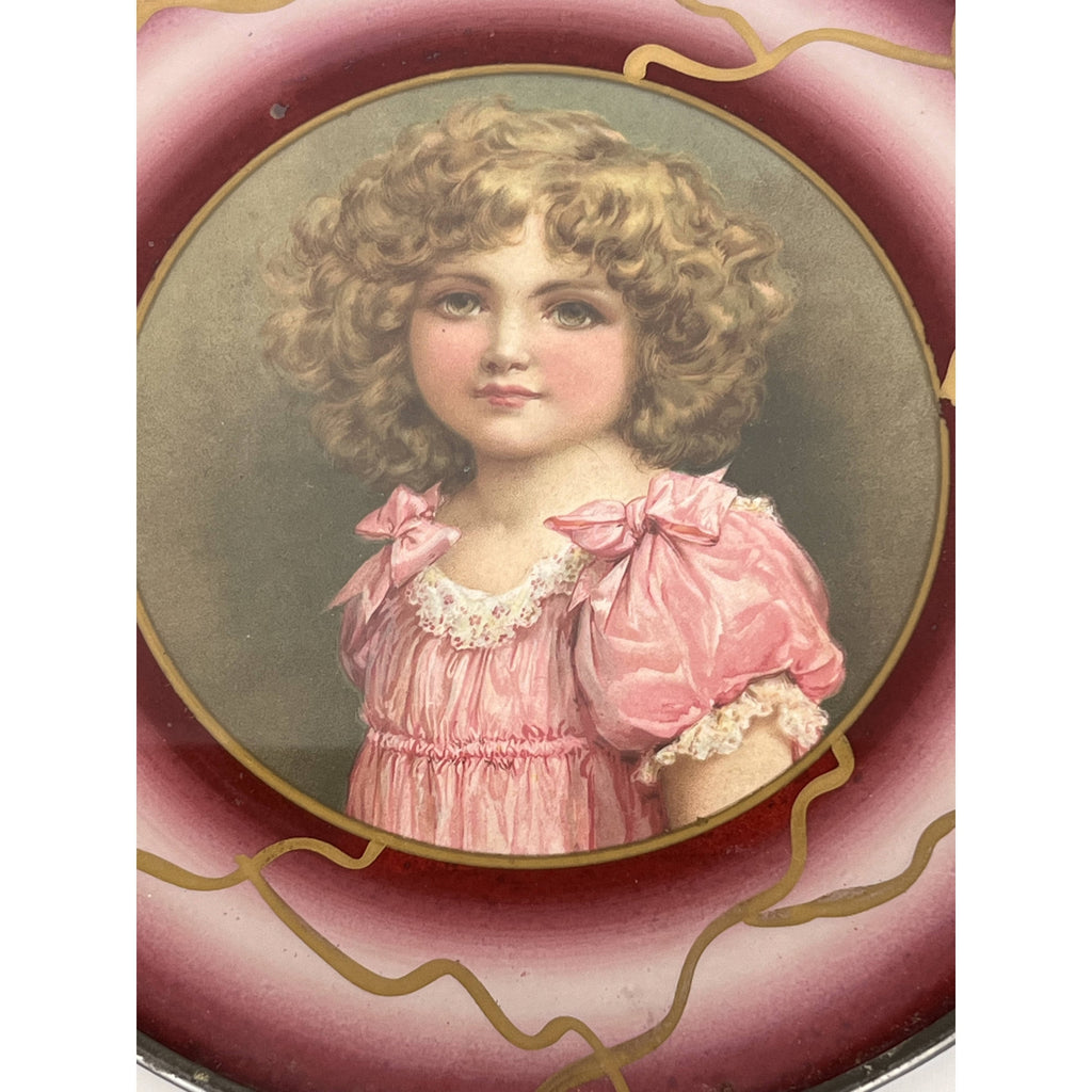 Antique Chromolitho Print Young Girl in Round Reverse Painted Glass Frame - Poppy's Vintage Clothing