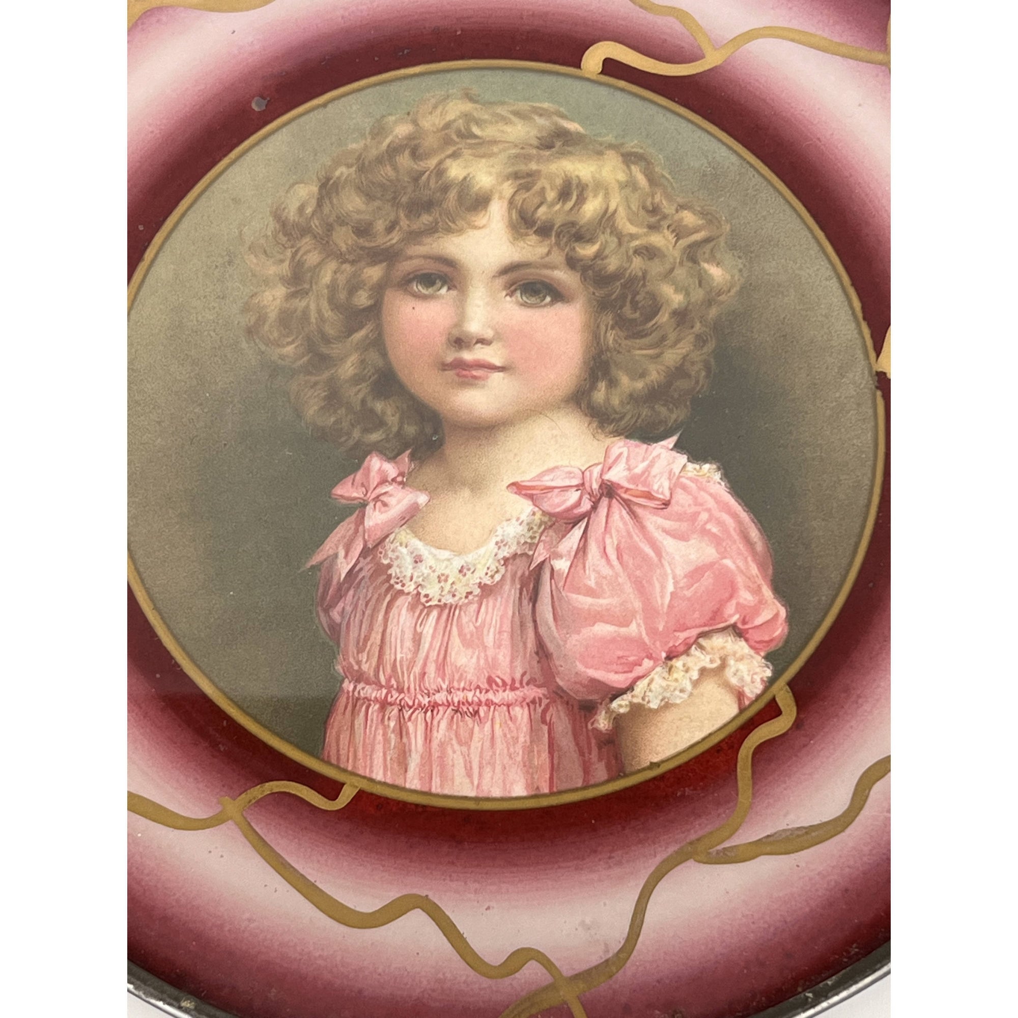 Antique Chromolitho Print Young Girl in Round Reverse Painted Glass Frame - Poppy's Vintage Clothing