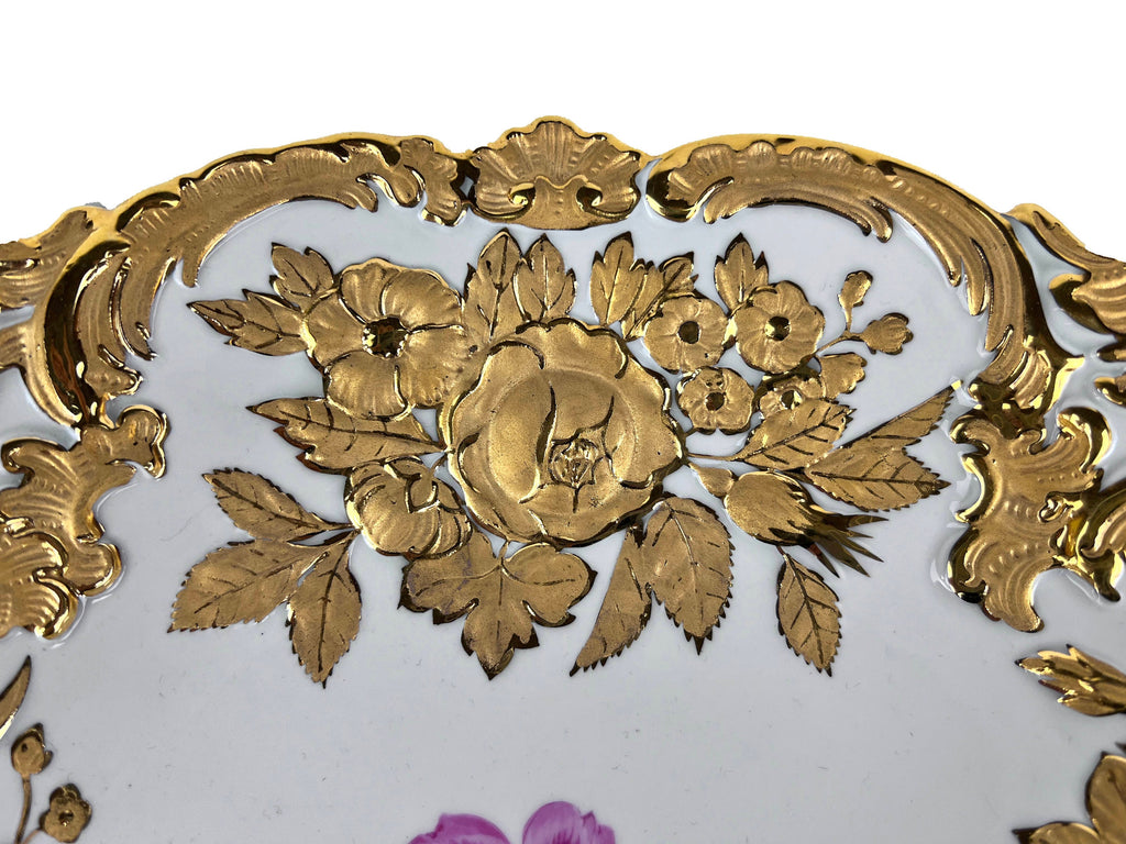 Large Vintage 1930s Meissen Porcelain Bowl Hand Painted Gold & Polychrome Flowers - Poppy's Vintage Clothing