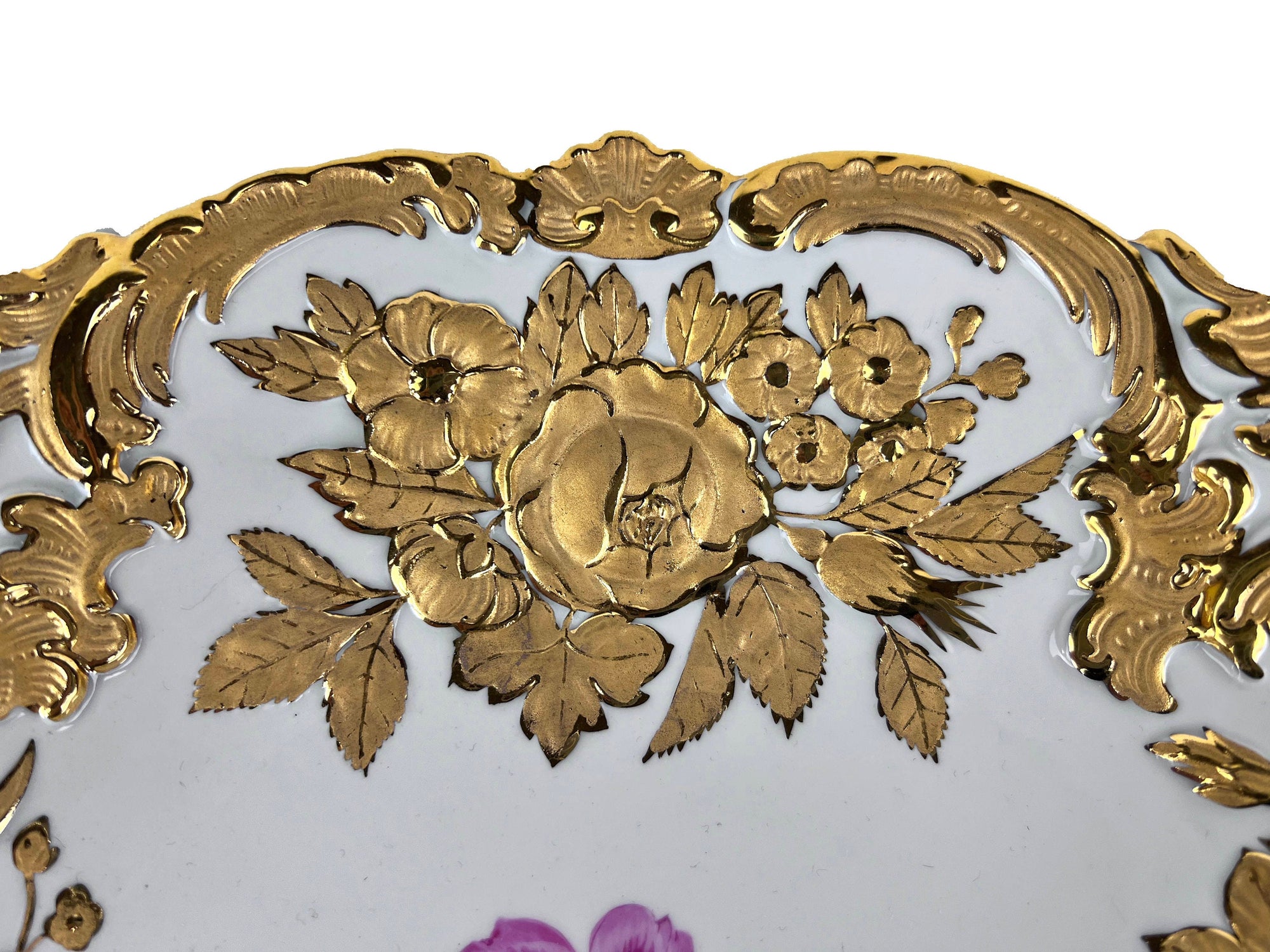 Large Vintage 1930s Meissen Porcelain Bowl Hand Painted Gold & Polychrome Flowers - Poppy's Vintage Clothing