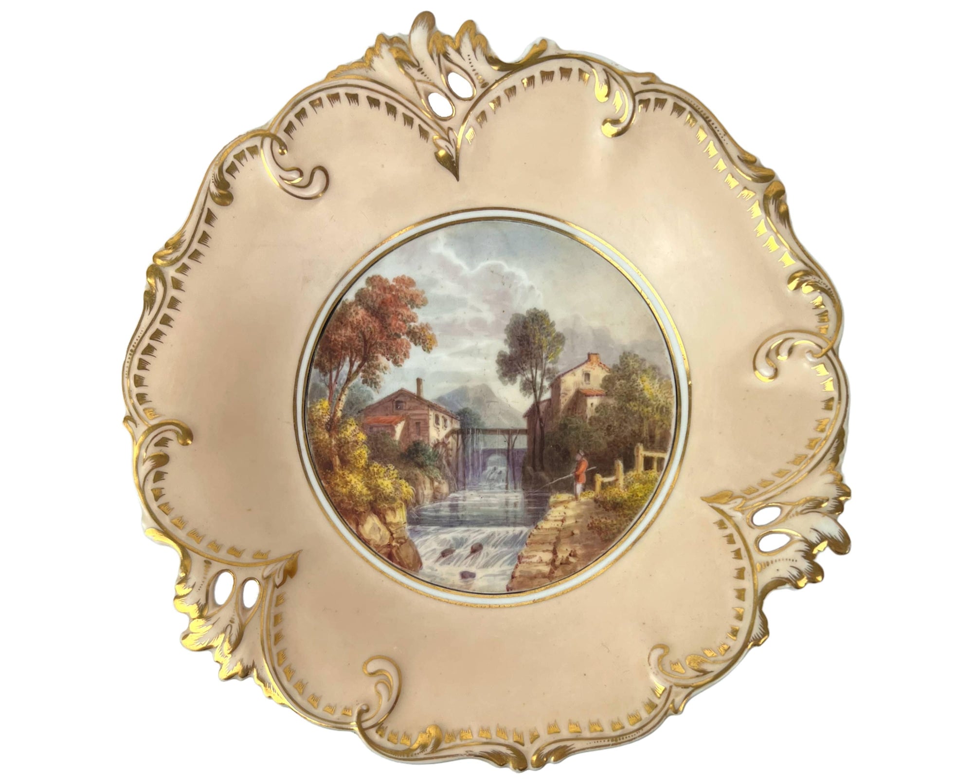 Antique H&R Daniel Queens Shape Low Comport Hand Painted Ambleside Cumbria Footed Plate - Poppy's Vintage Clothing