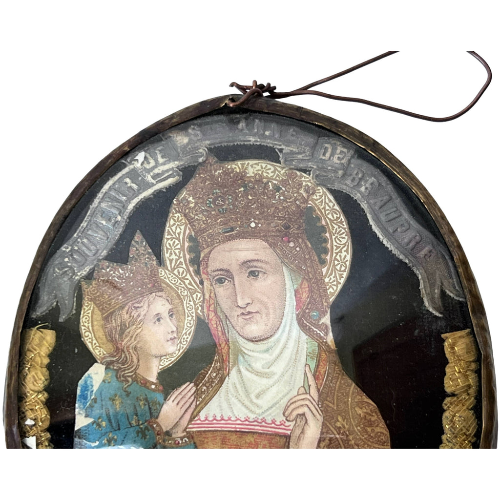 Antique Catholic Souvenir Ste Anne de Beaupre Convex Bubble Glass Frame - Poppy's Vintage Clothing