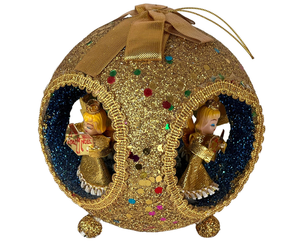 Large 1960s Vintage Christmas Ornament Glitter Diorama w 4 Angels Singing - Poppy's Vintage Clothing