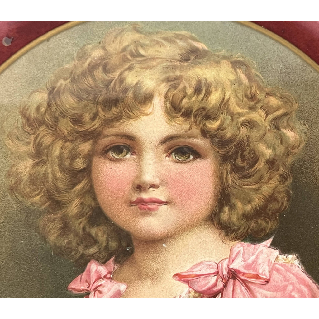 Antique Chromolitho Print Young Girl in Round Reverse Painted Glass Frame - Poppy's Vintage Clothing