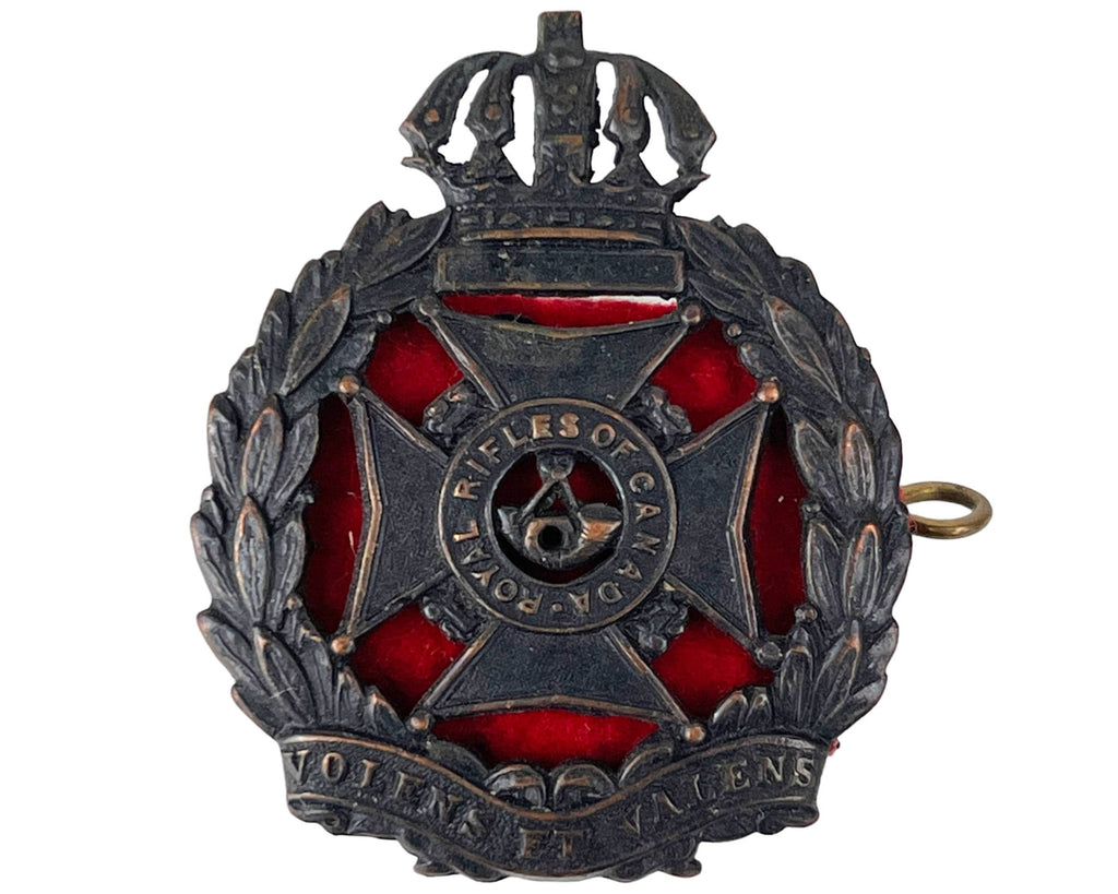 WWII Canadian Cap Badge Royal Rifles of Canada Blackened with Lugs & Pin - Poppy's Vintage Clothing