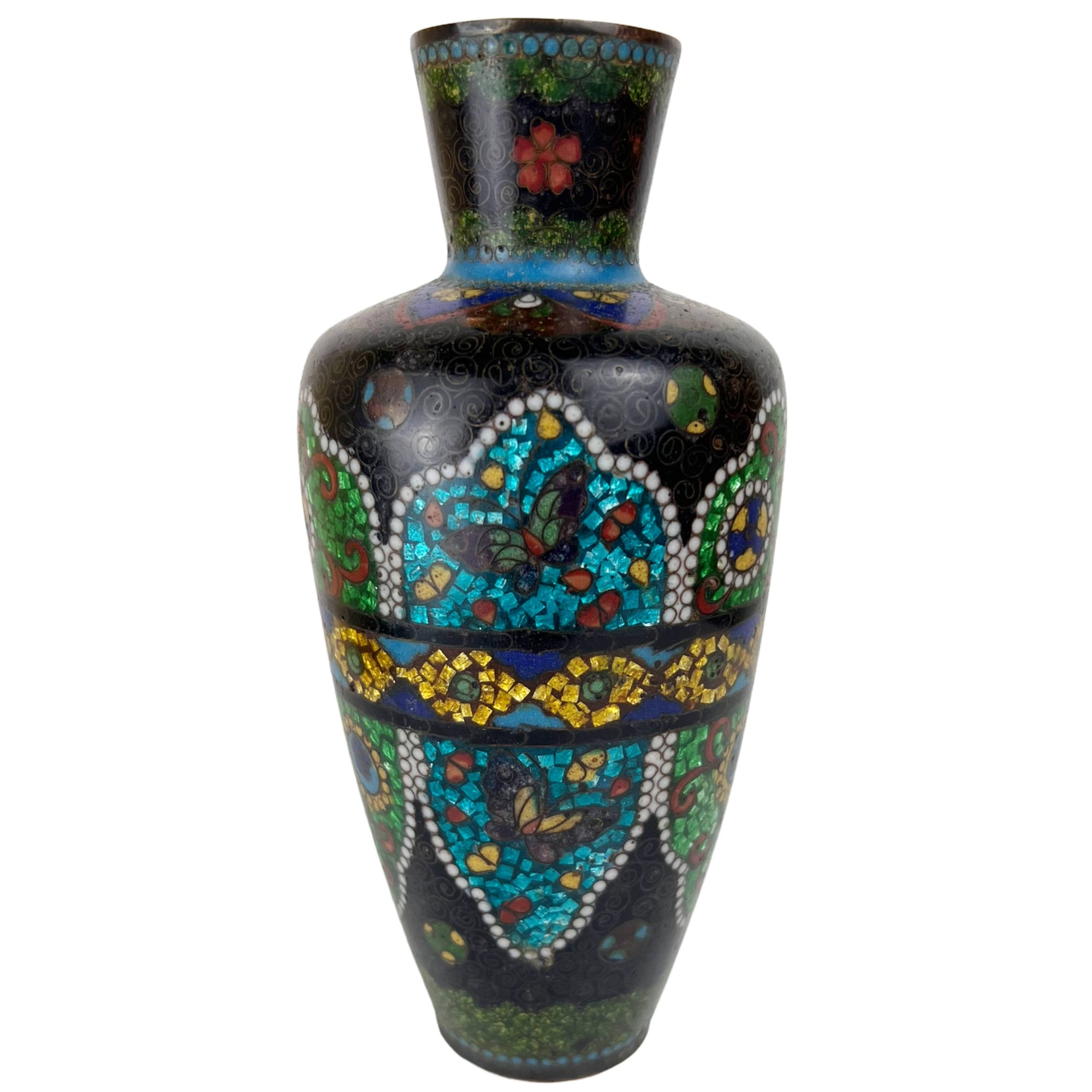 Antique Japanese Cloisonne Vase Ginbari Style Enamel Meiji Period 6.375 - Poppy's Vintage Clothing