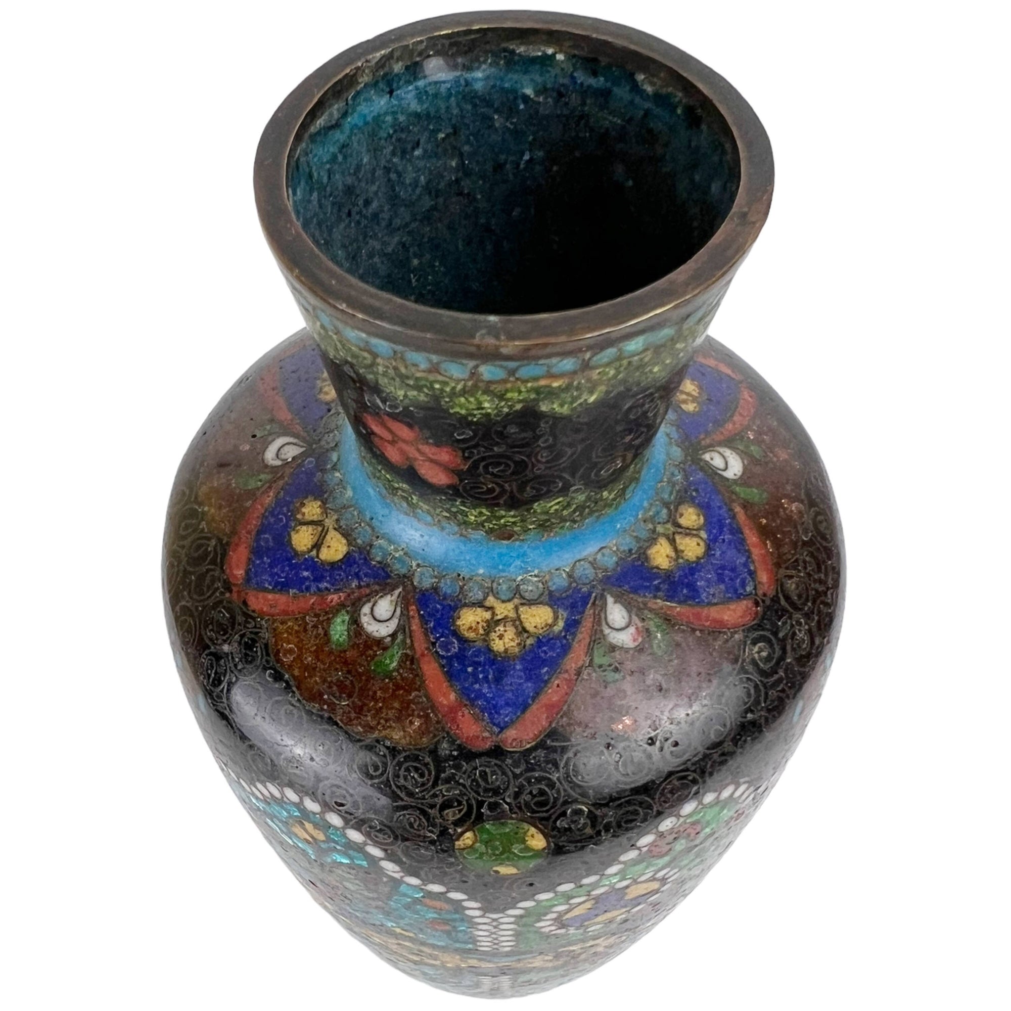 Antique Japanese Cloisonne Vase Ginbari Style Enamel Meiji Period 6.375 - Poppy's Vintage Clothing