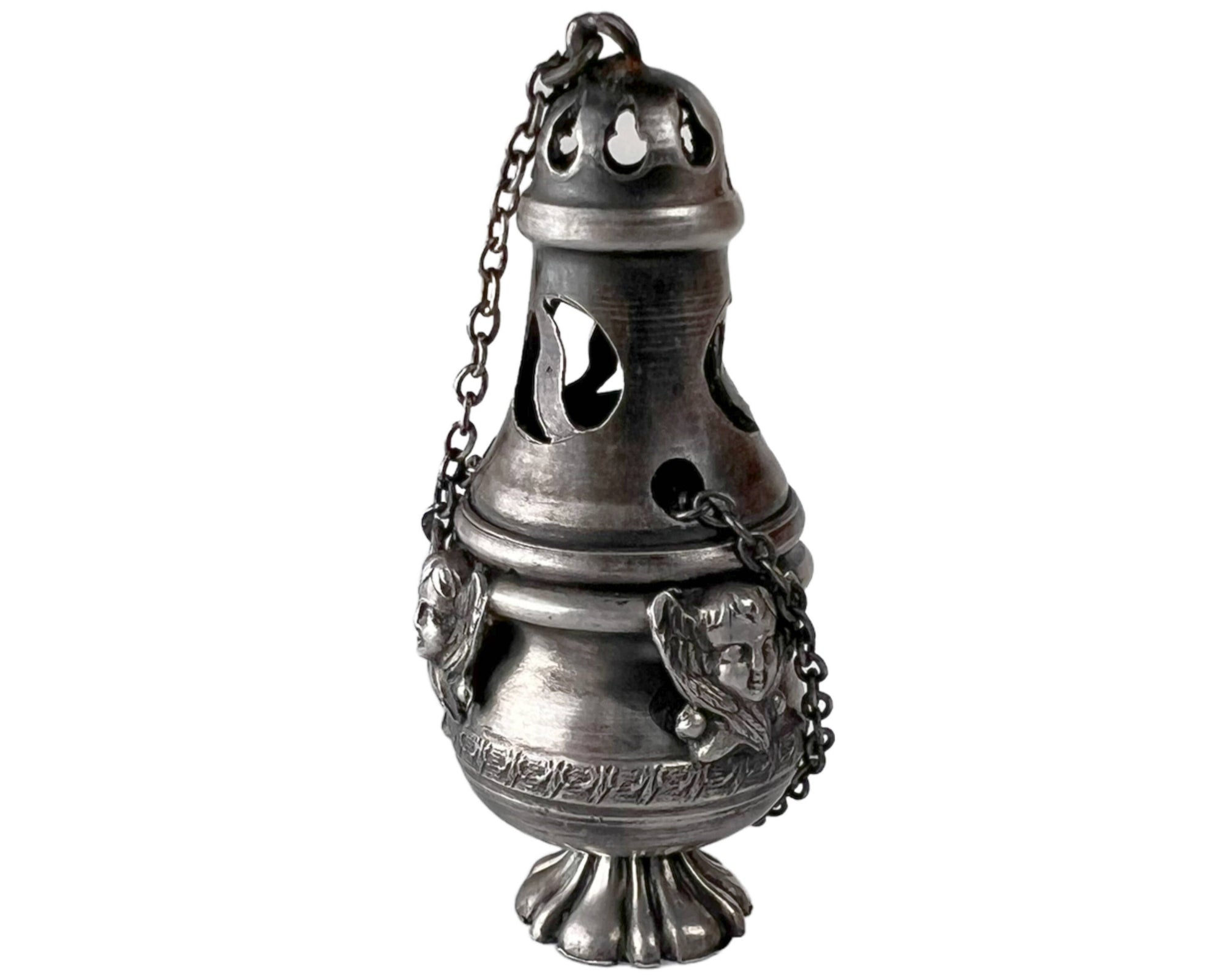Antique French 800 Silver Miniature Thurible Catholic Incense Burner w Angels Georges Fechoz - Poppy's Vintage Clothing